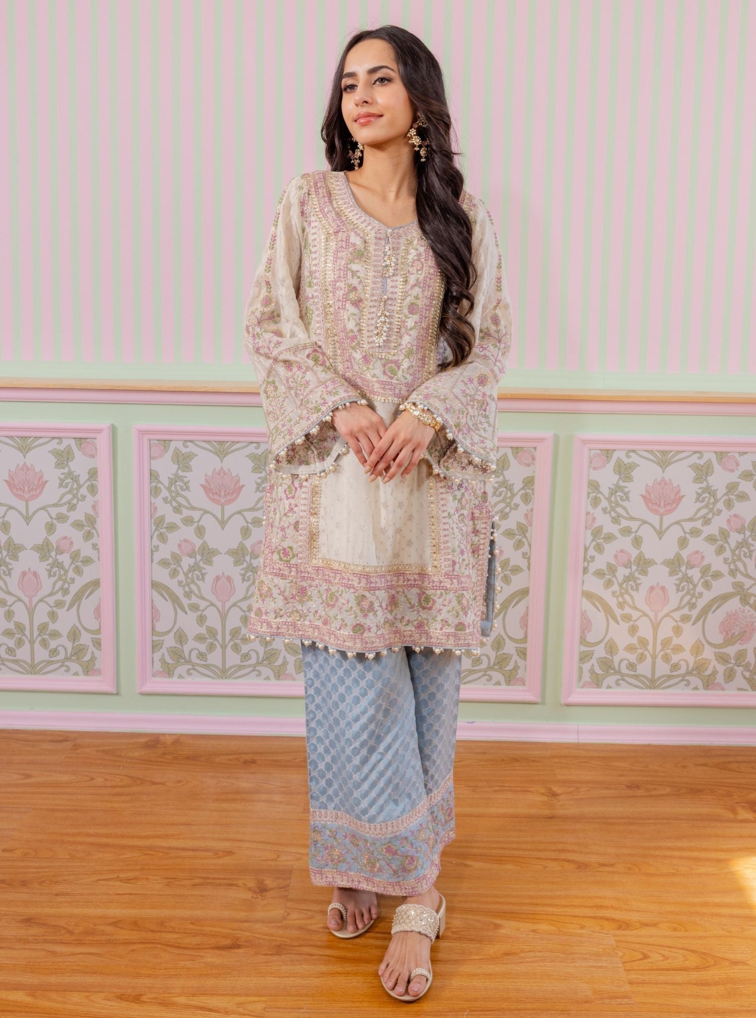 Mangal Banarsi Off White Kurta With Blue Pant