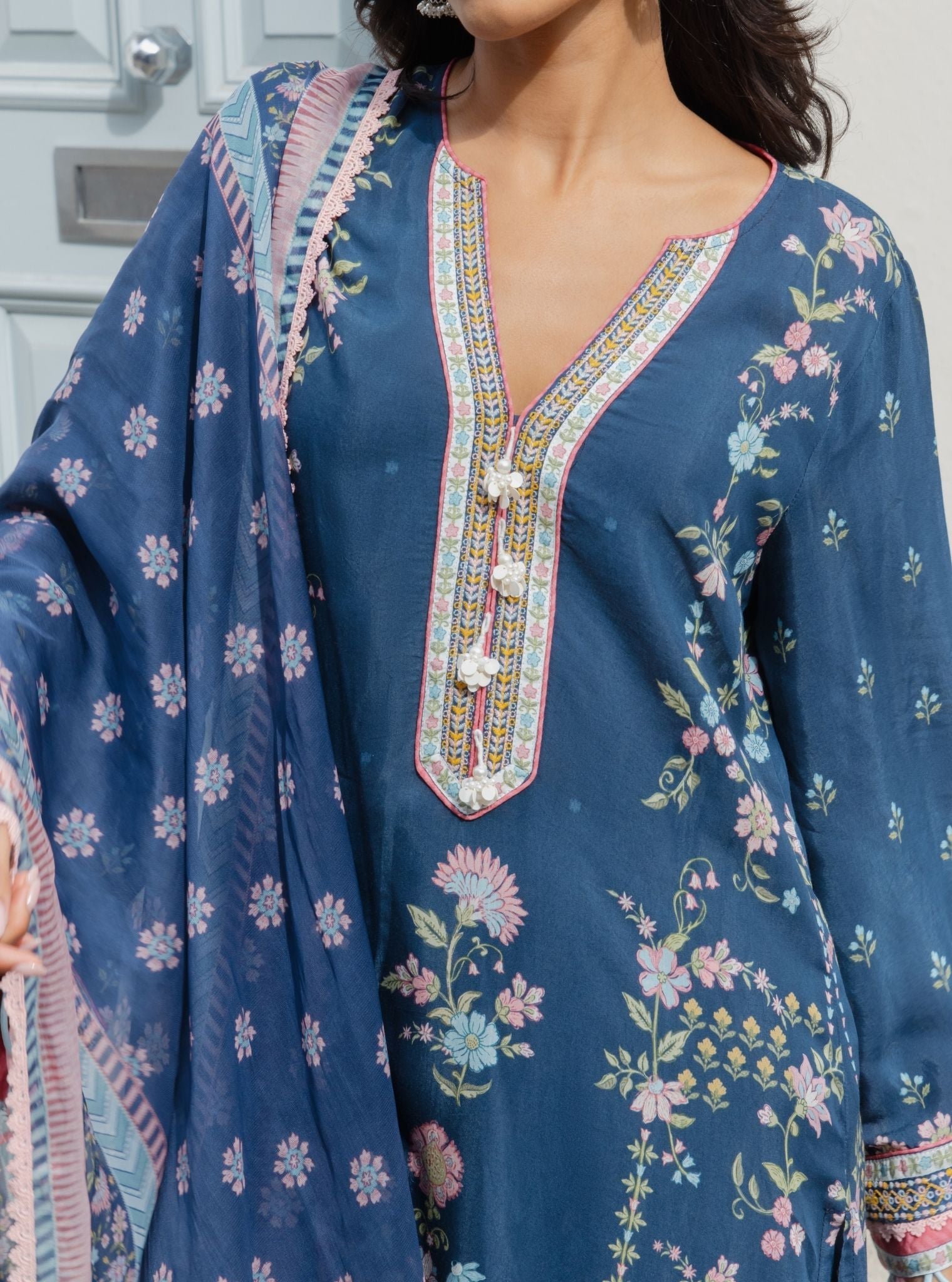 Zivra Lawn Printed Navy Kurta Set