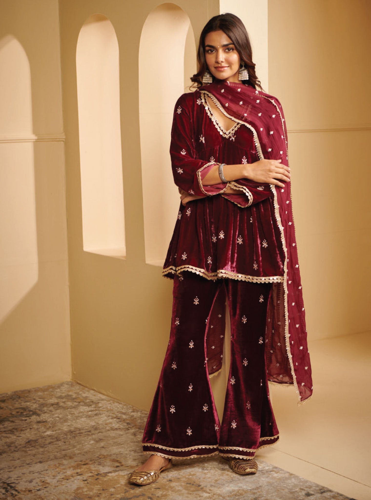 Mysa Velvet Wine Kurta Set