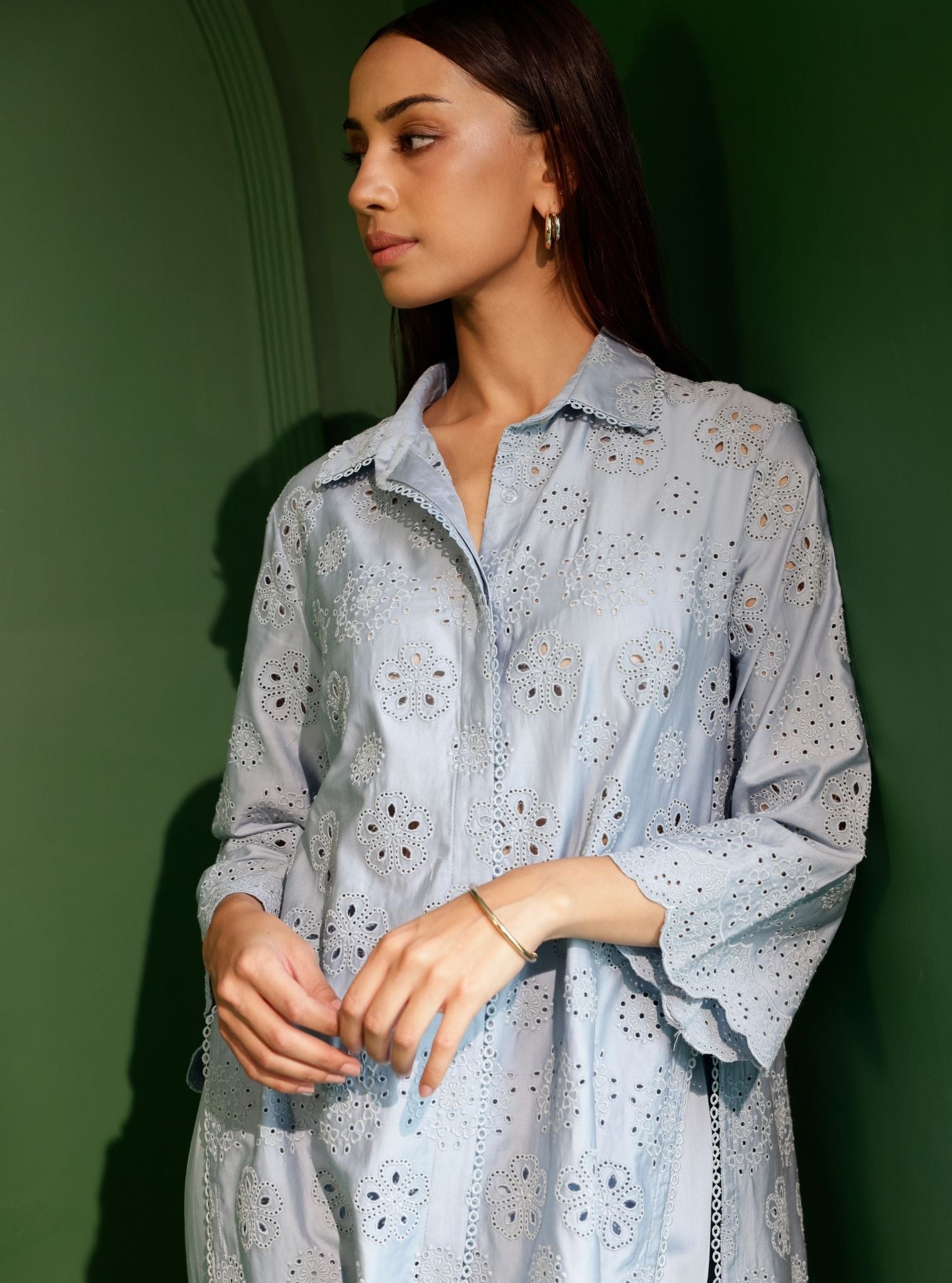 Harriet Pima Satin Blue Long shirt co-ord set