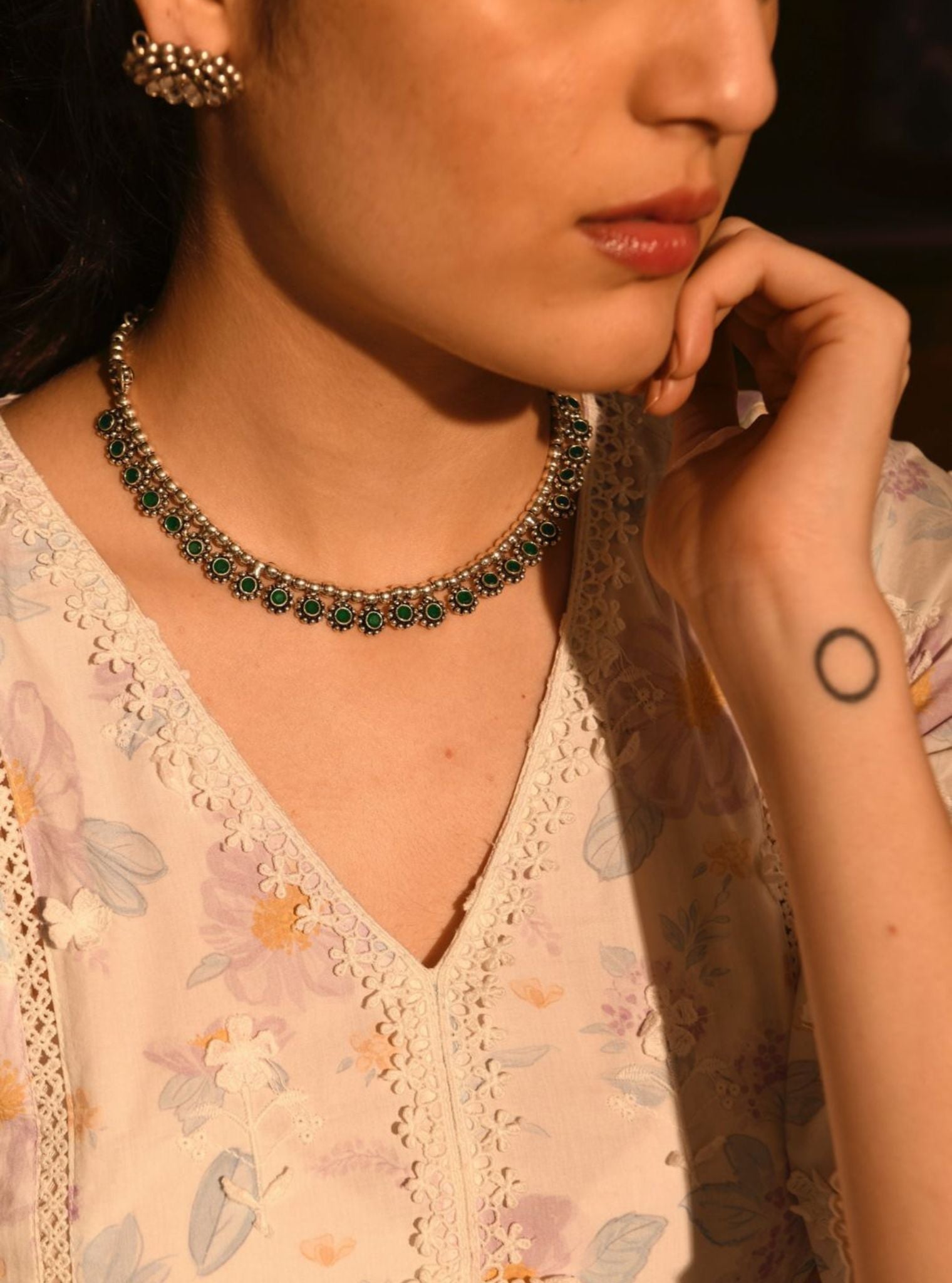 Pure Silver Ekavali Green Necklace