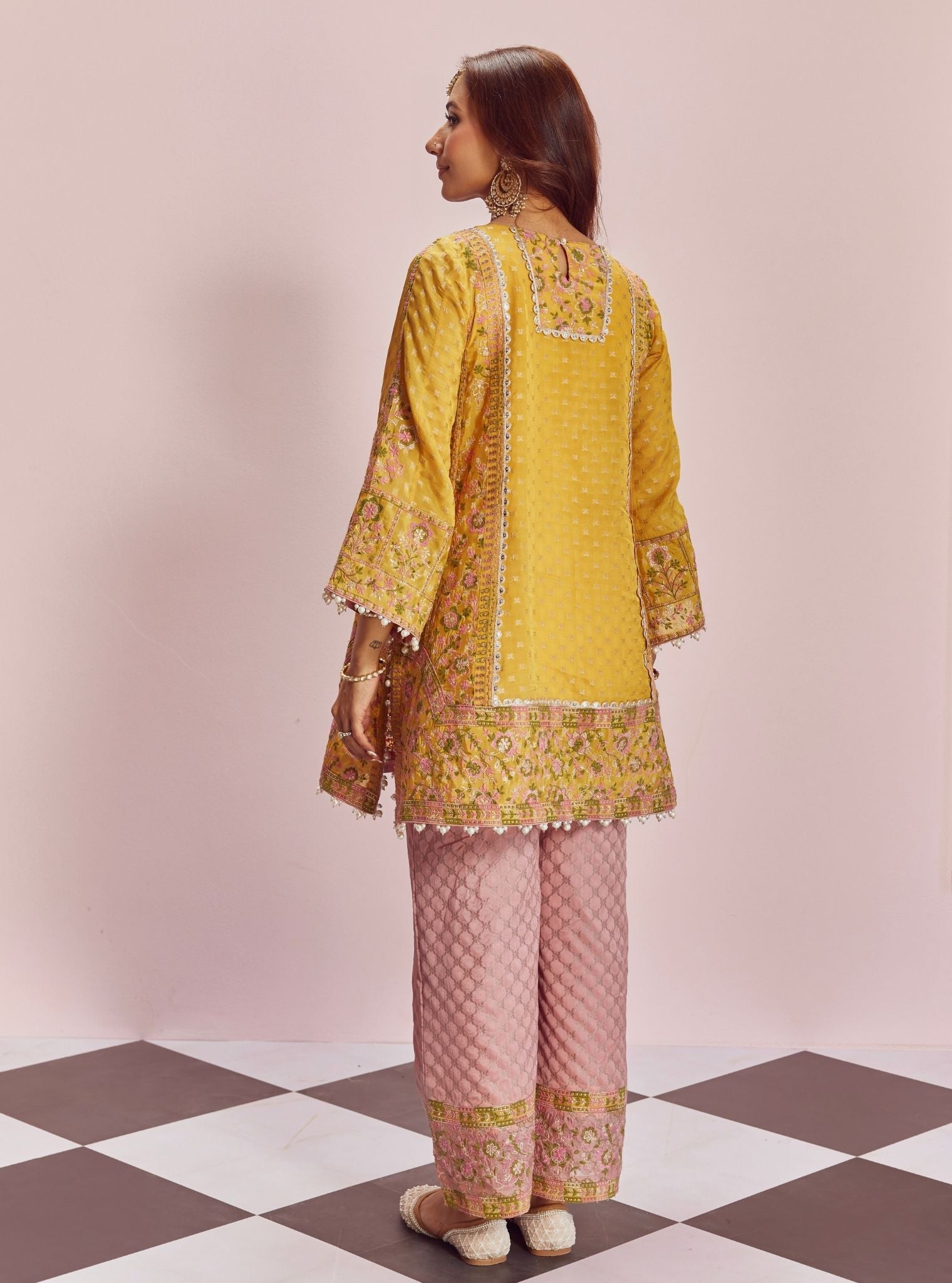 Mangal Banarsi Yellow Kurta With Pink Pant