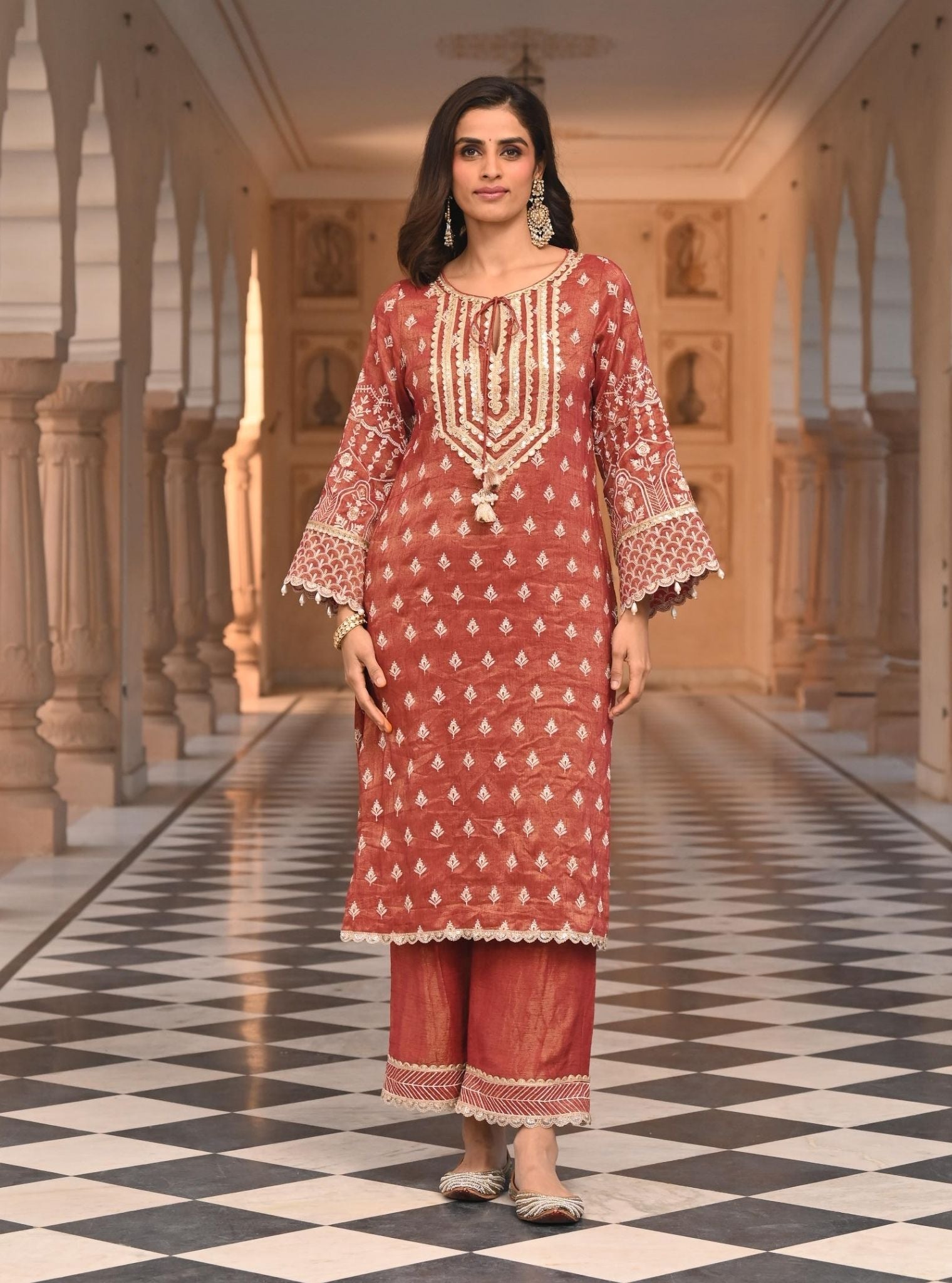 Dholna Luxe Tissue Satin Red Kurta Set