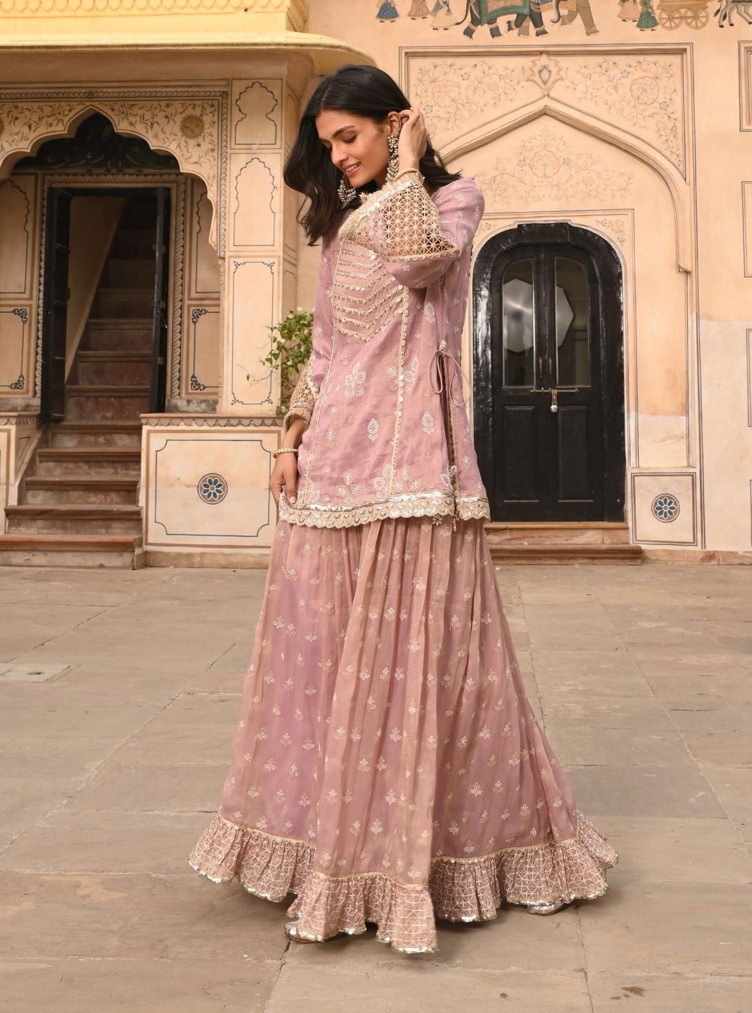 Lamhe Luxe Tissue Satin Lilac Kurta with Skirt Set