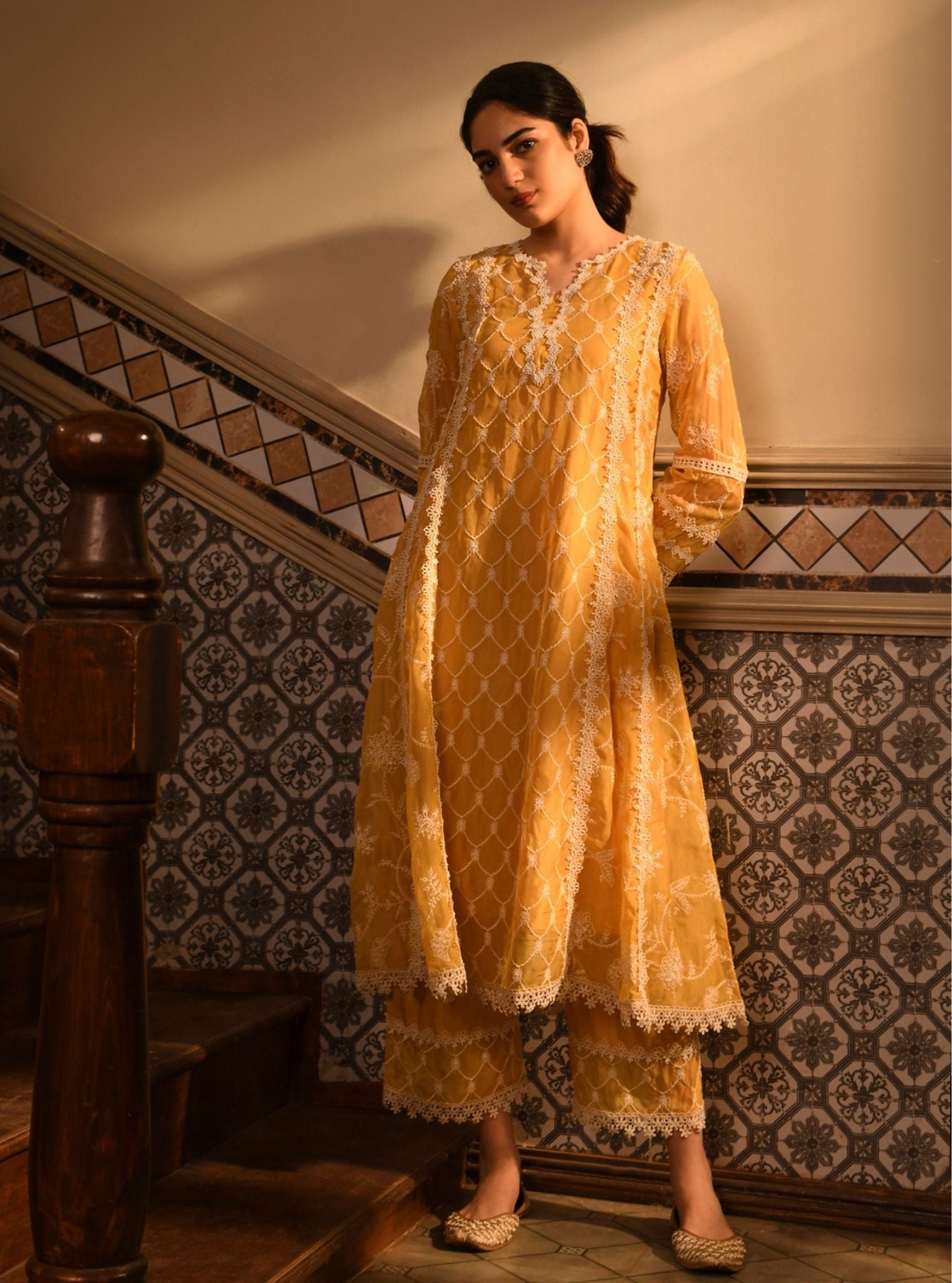 Barsin Organza Yellow Anarkali Kurta Set