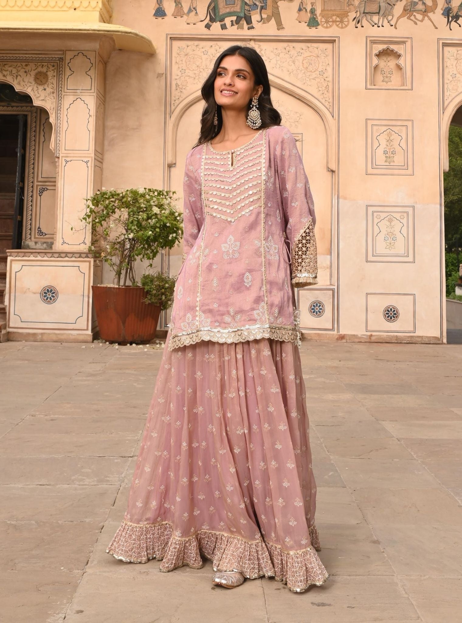 Lamhe Luxe Tissue Satin Lilac Kurta with Skirt Set