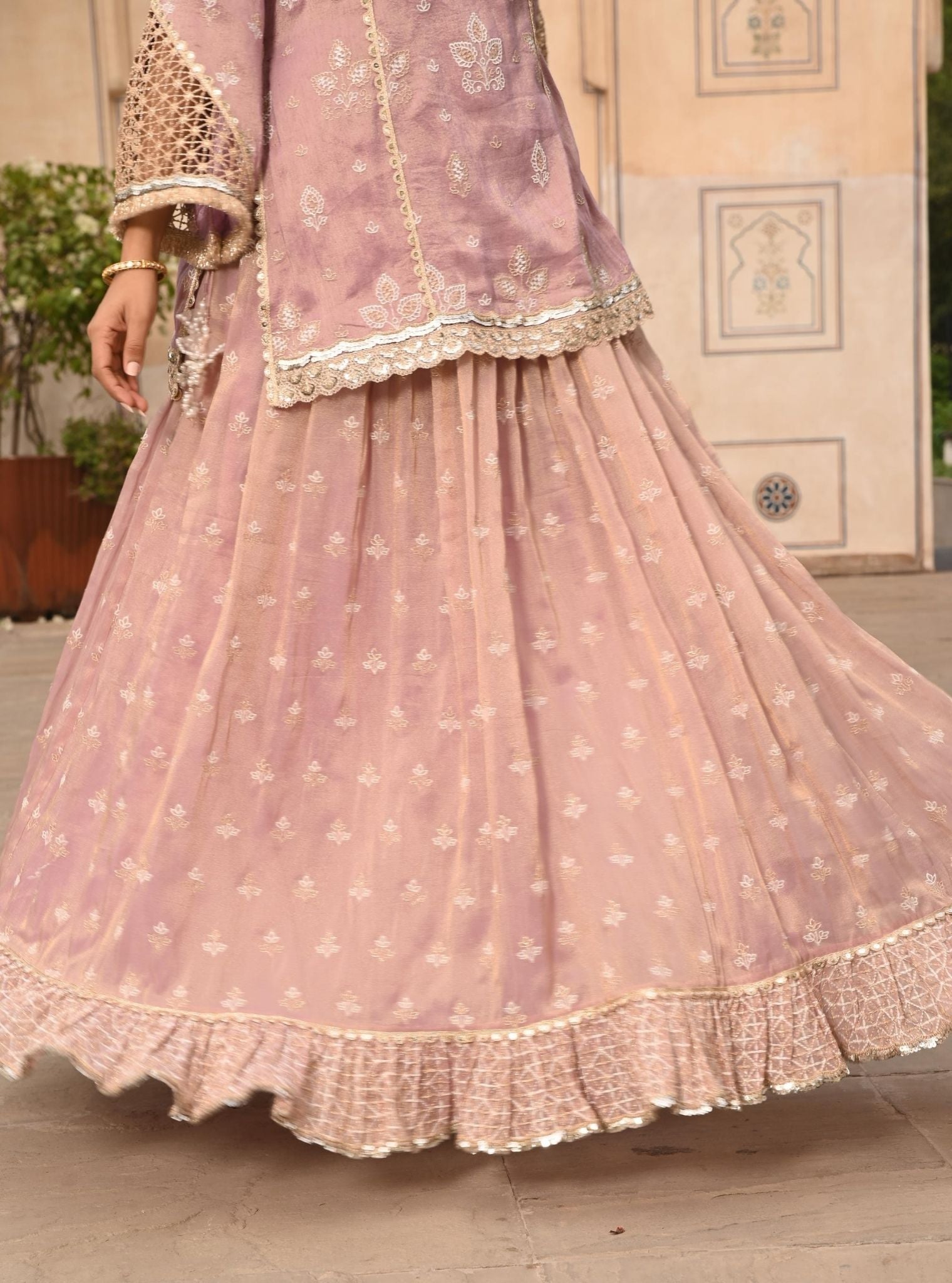 Lamhe Luxe Tissue Satin Lilac Kurta with Skirt Set