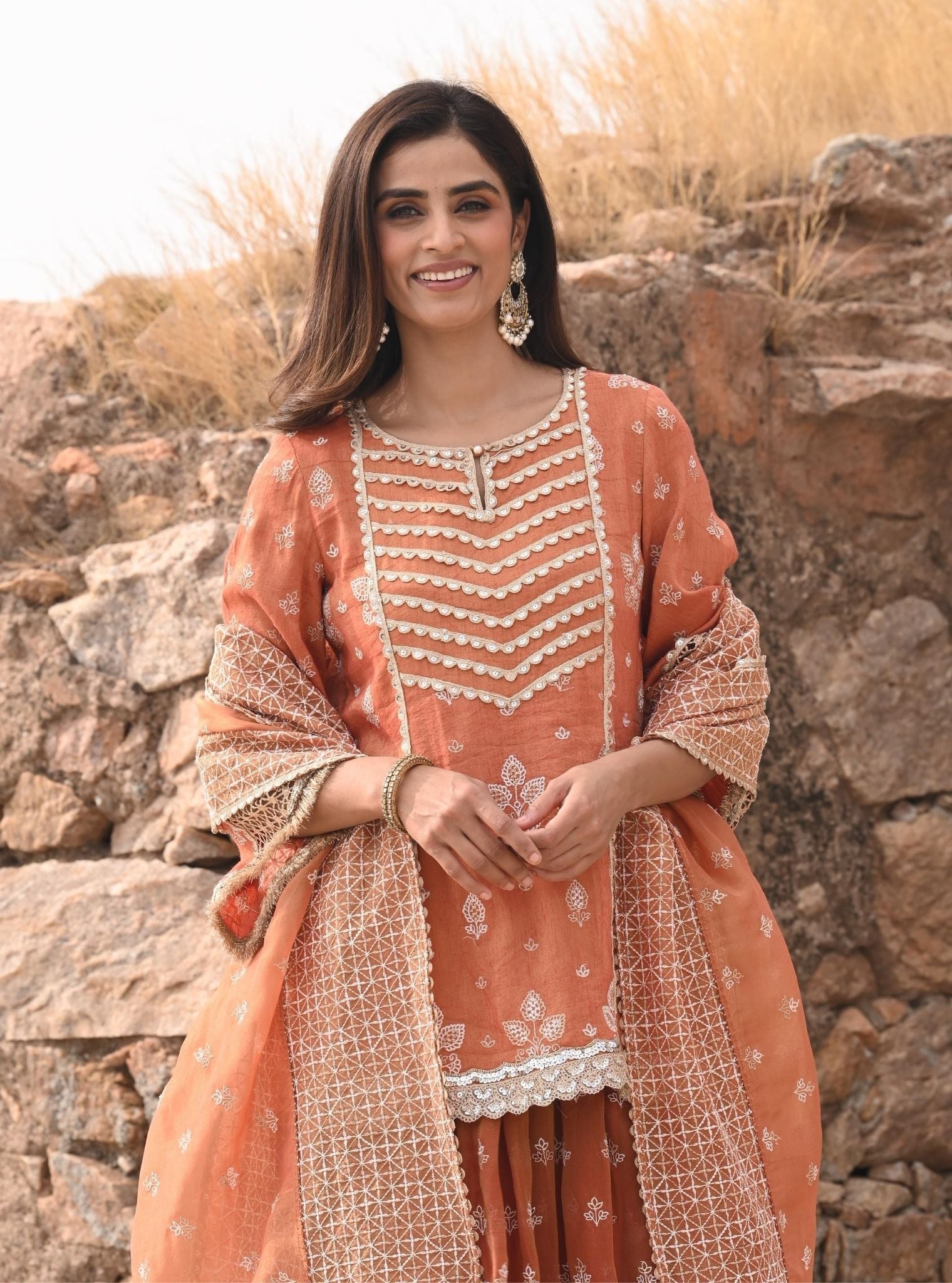 Lamhe Luxe Tissue Satin Burnt Orange Kurta with Skirt Set