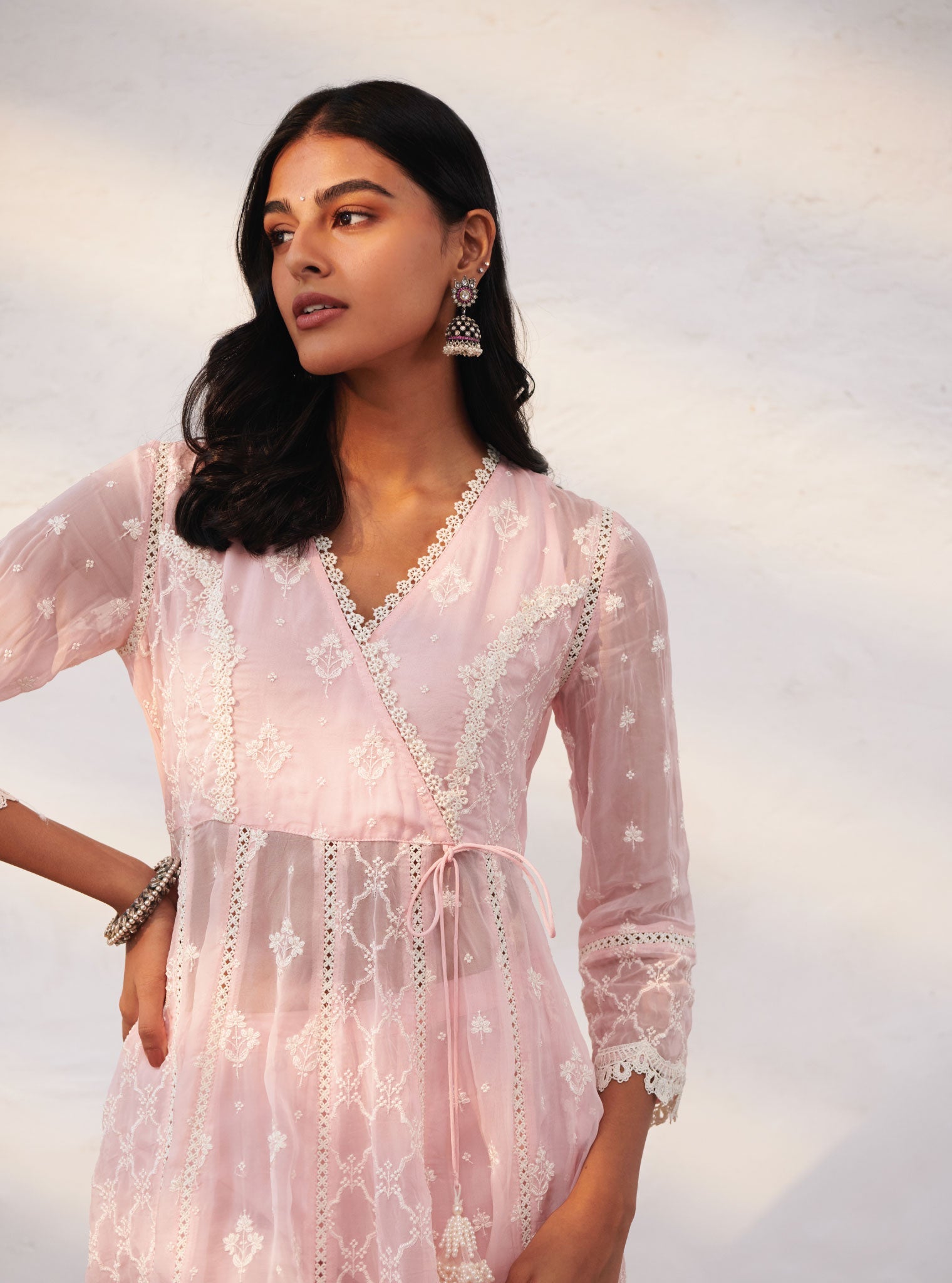 Morey Organza Pink Anarkali Kurta Set