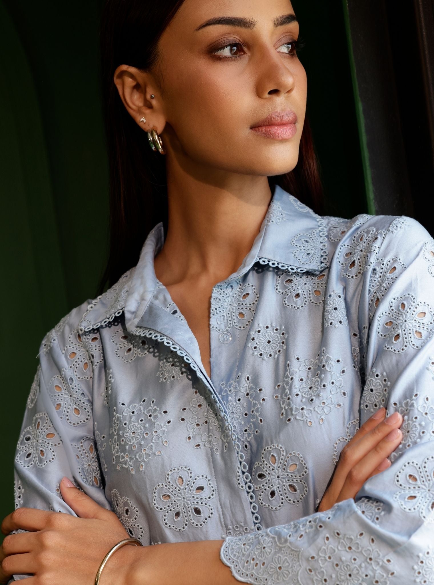 Harriet Pima Satin Blue Long shirt co-ord set