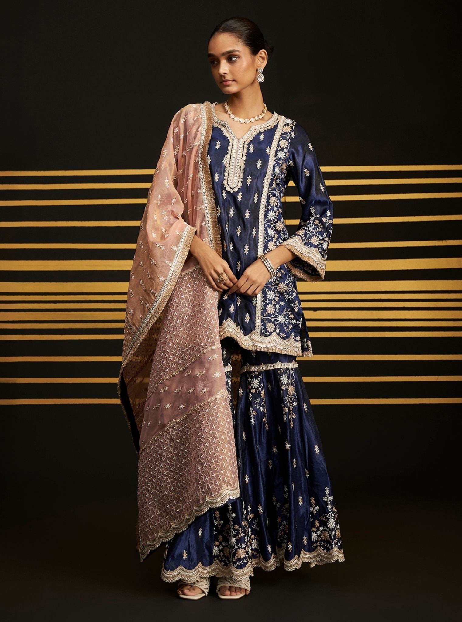 Satranga Tissue Linen Satin Navy Kurta Set