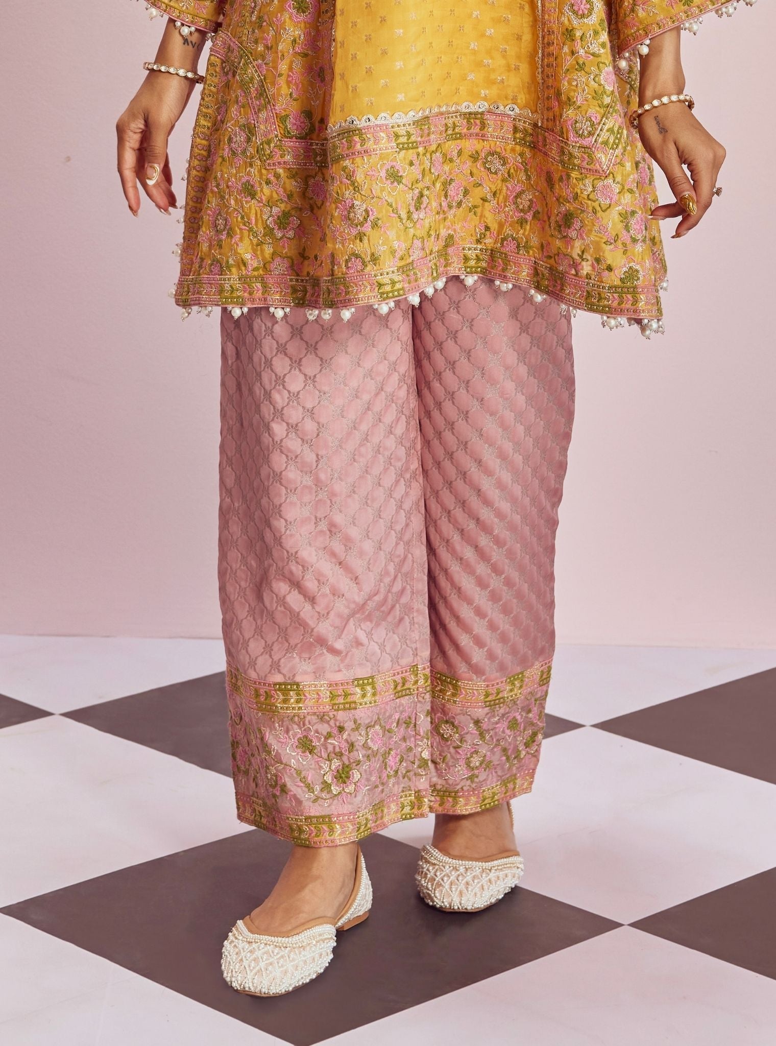 Mangal Banarsi Yellow Kurta With Pink Pant