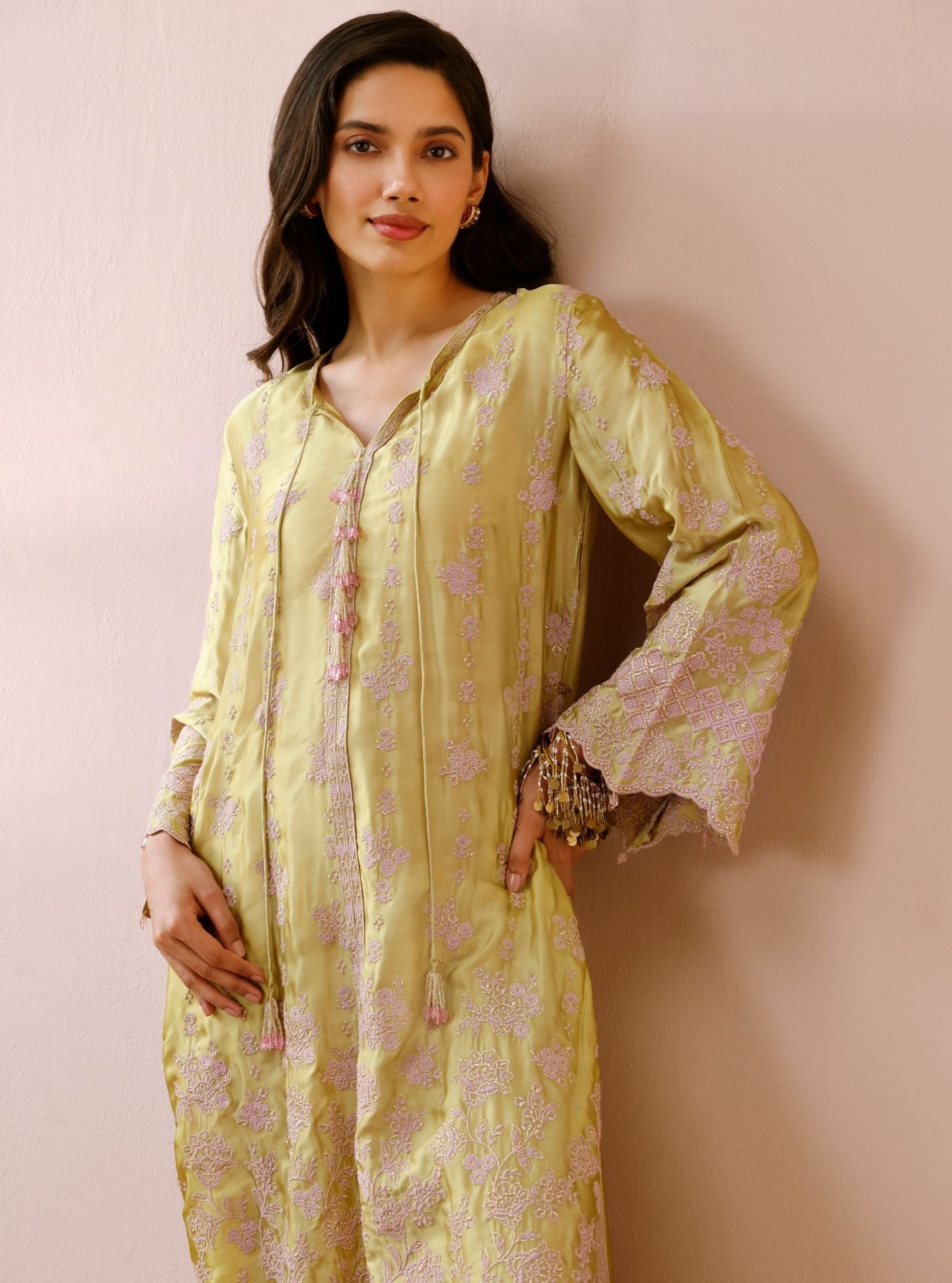 Arlette Cupro Satin Lime Long Kaftan Set