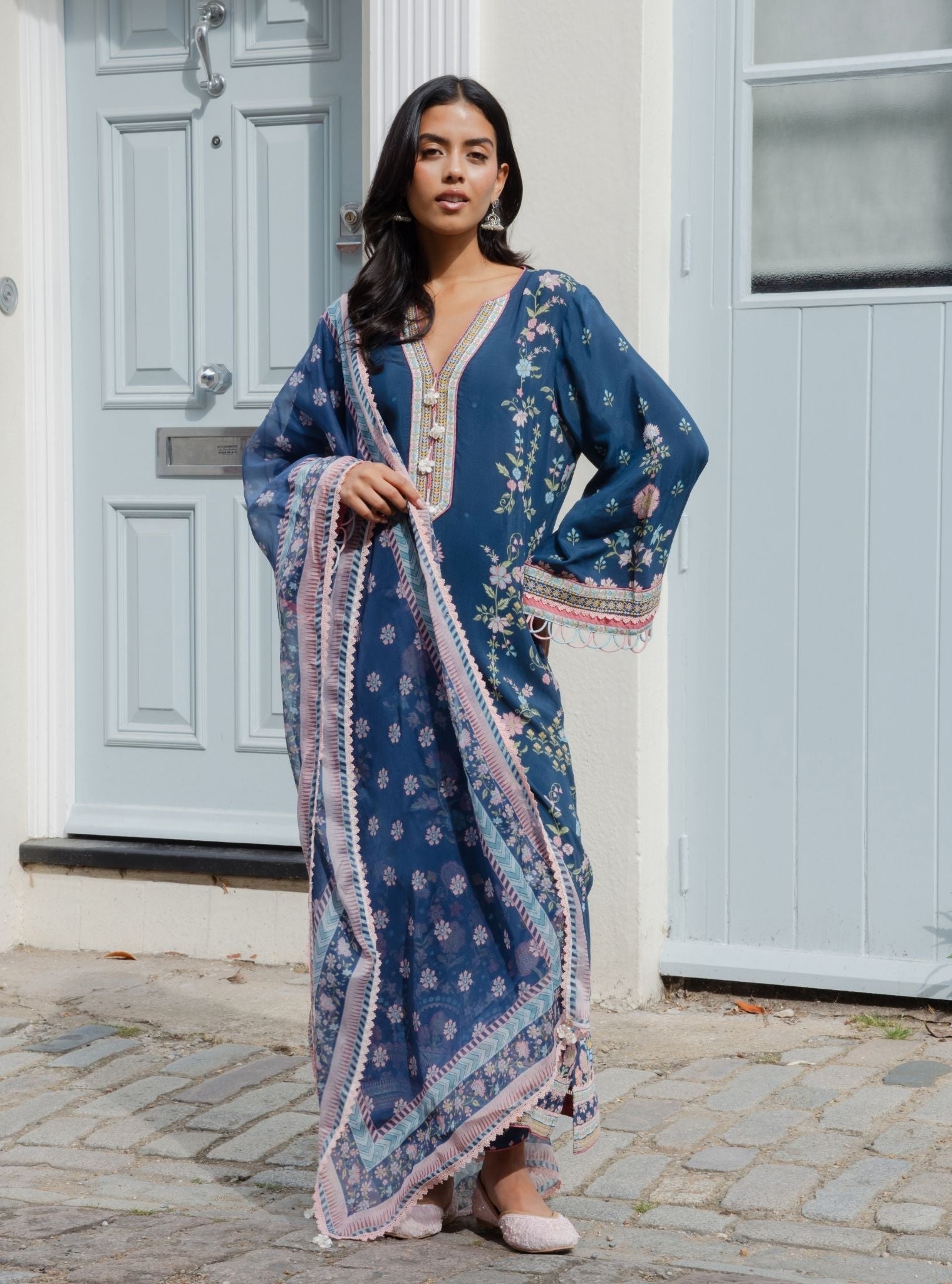 Zivra Lawn Printed Navy Kurta Set