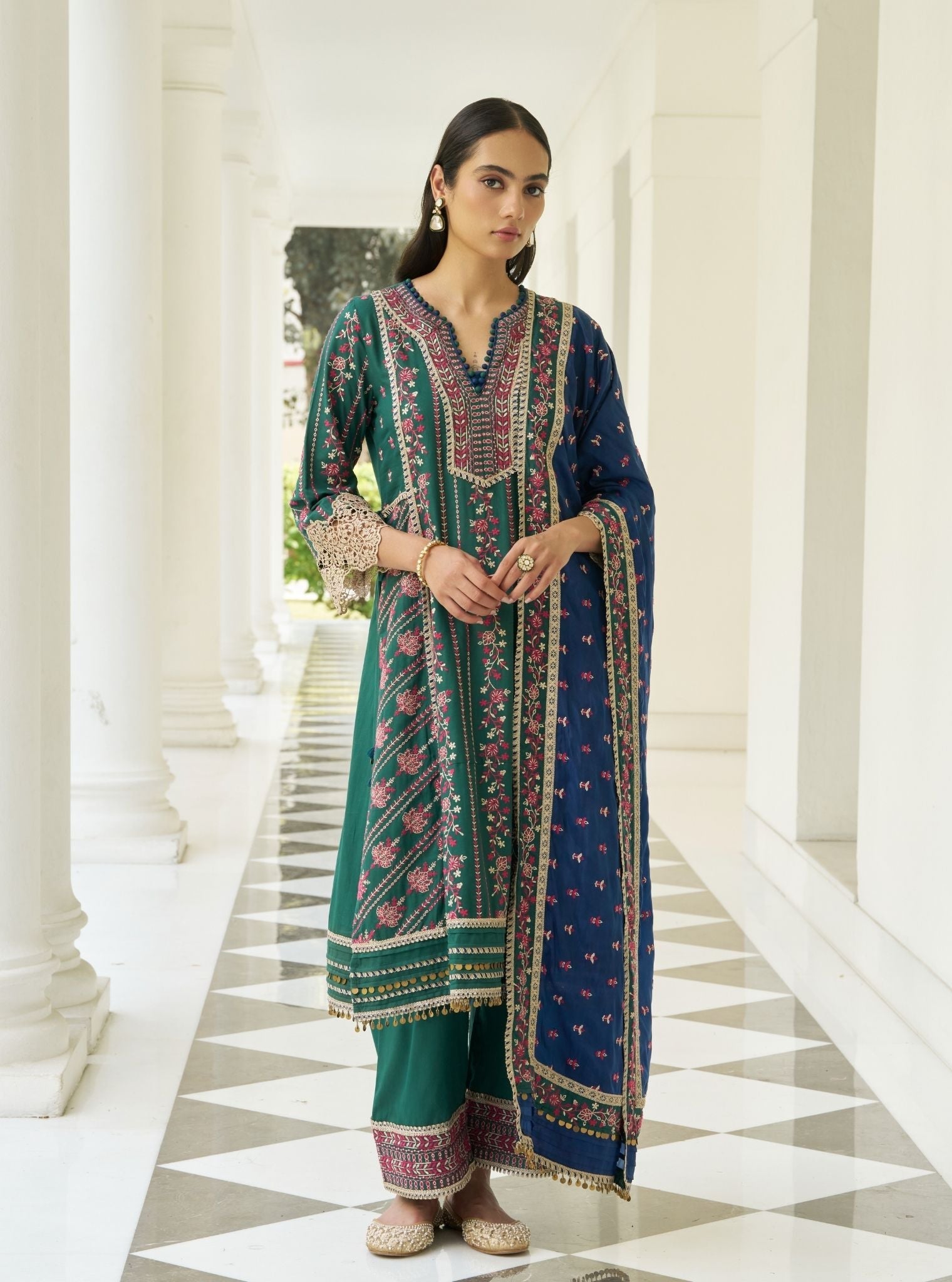 Khayal Pima Satin Bottle Green Kurta Set