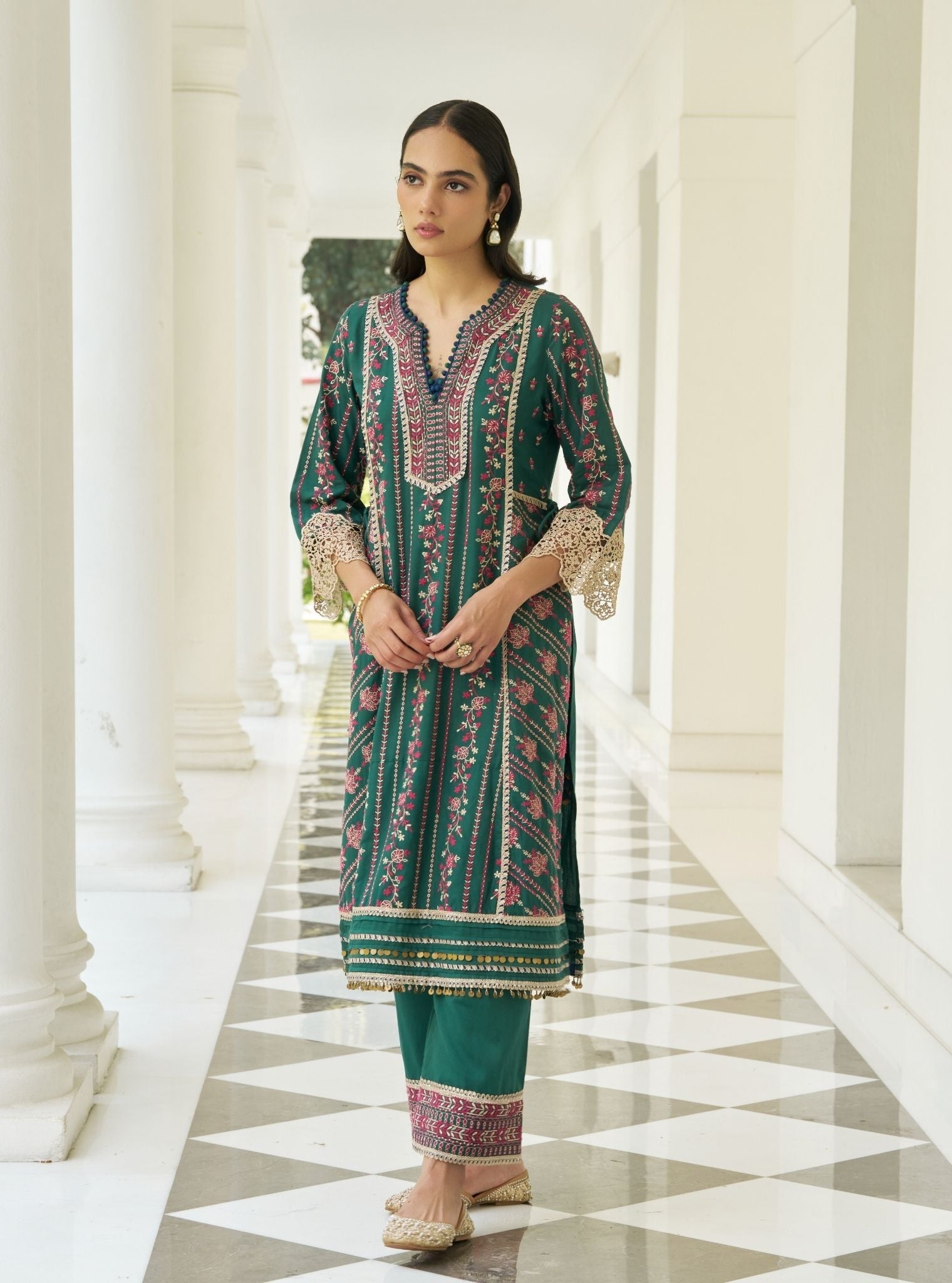 Khayal Pima Satin Bottle Green Kurta Set