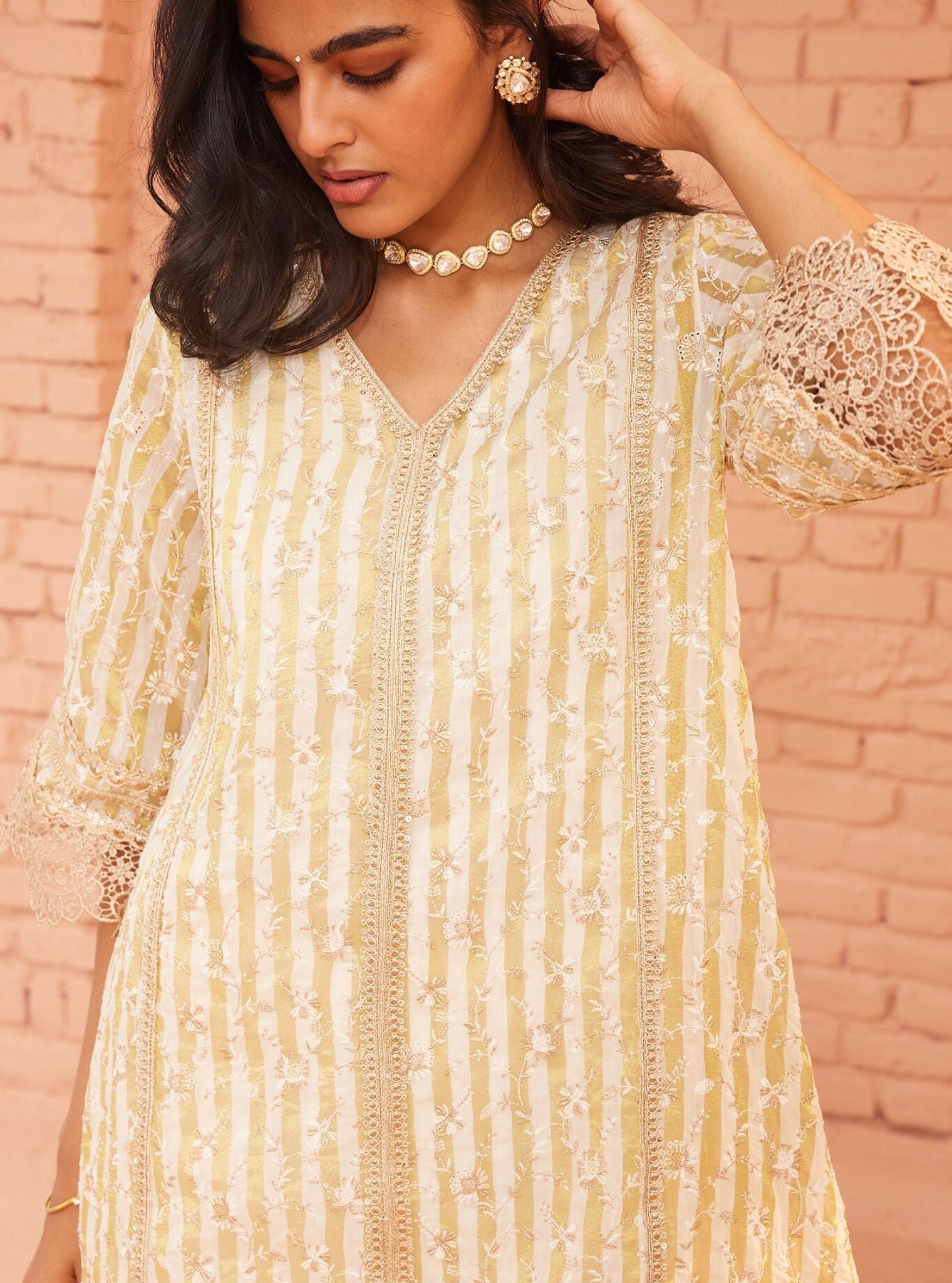 Caprina Banarsi Off White Kurta with Dhoti Pant Set