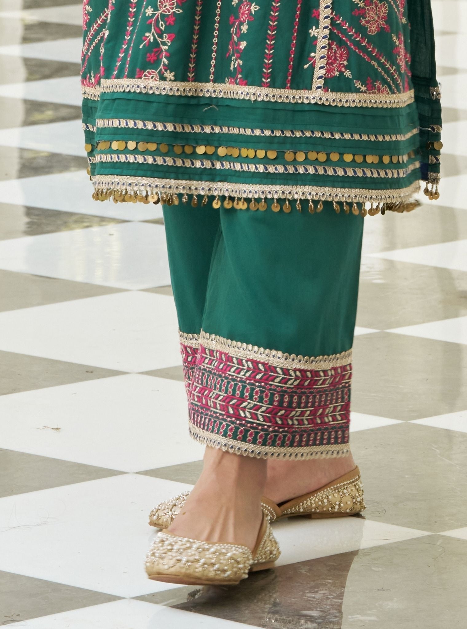 Khayal Pima Satin Bottle Green Kurta Set