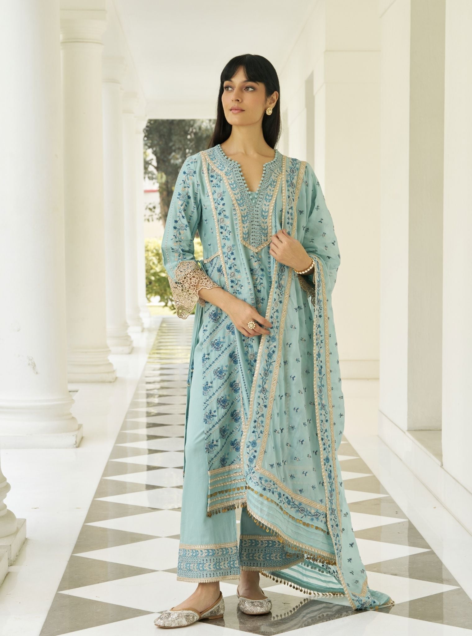 Khayal Pima Satin Blue Kurta Set