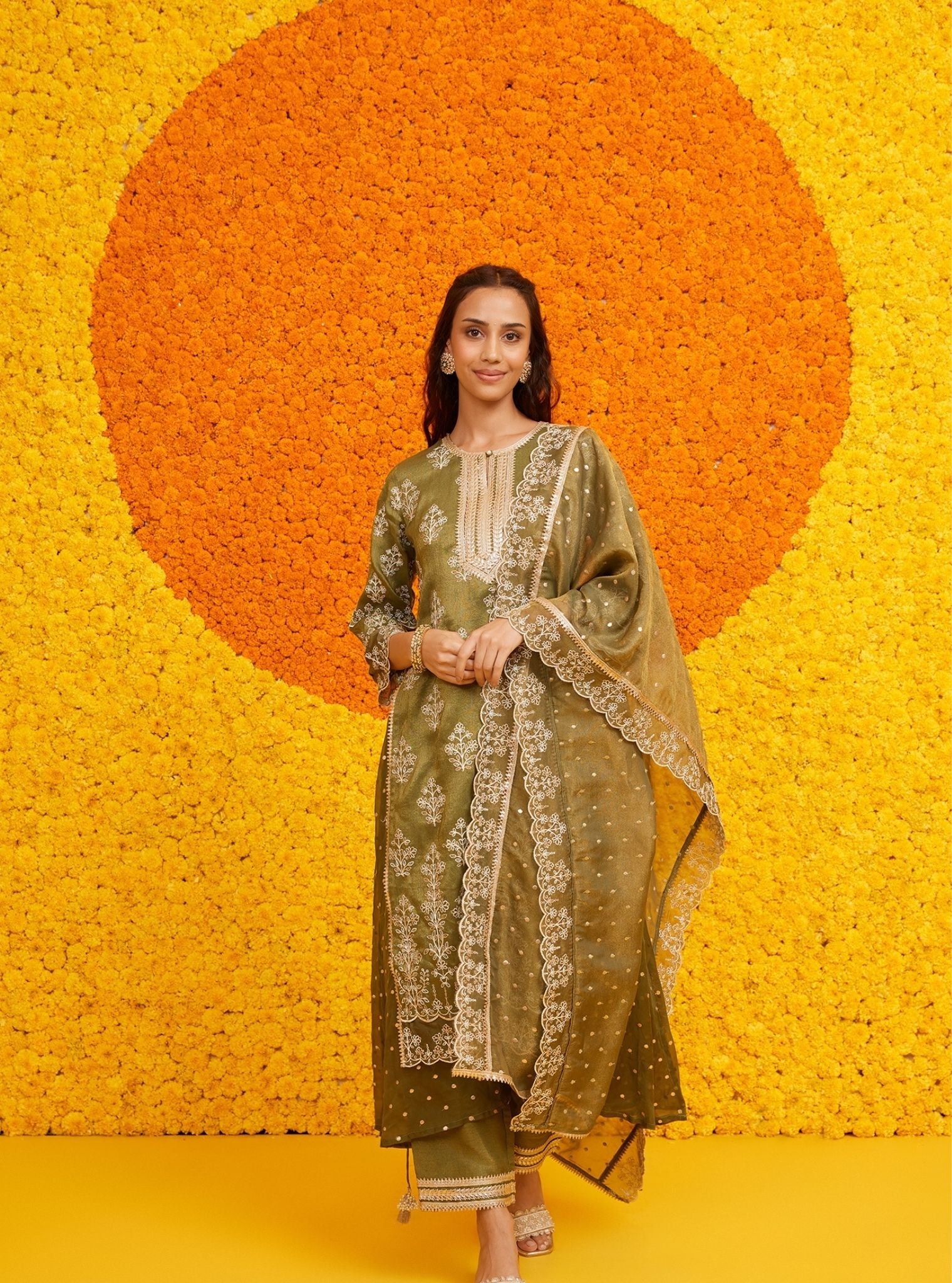 Evelina Tissue Linen Satin Moss Green Kurta Set