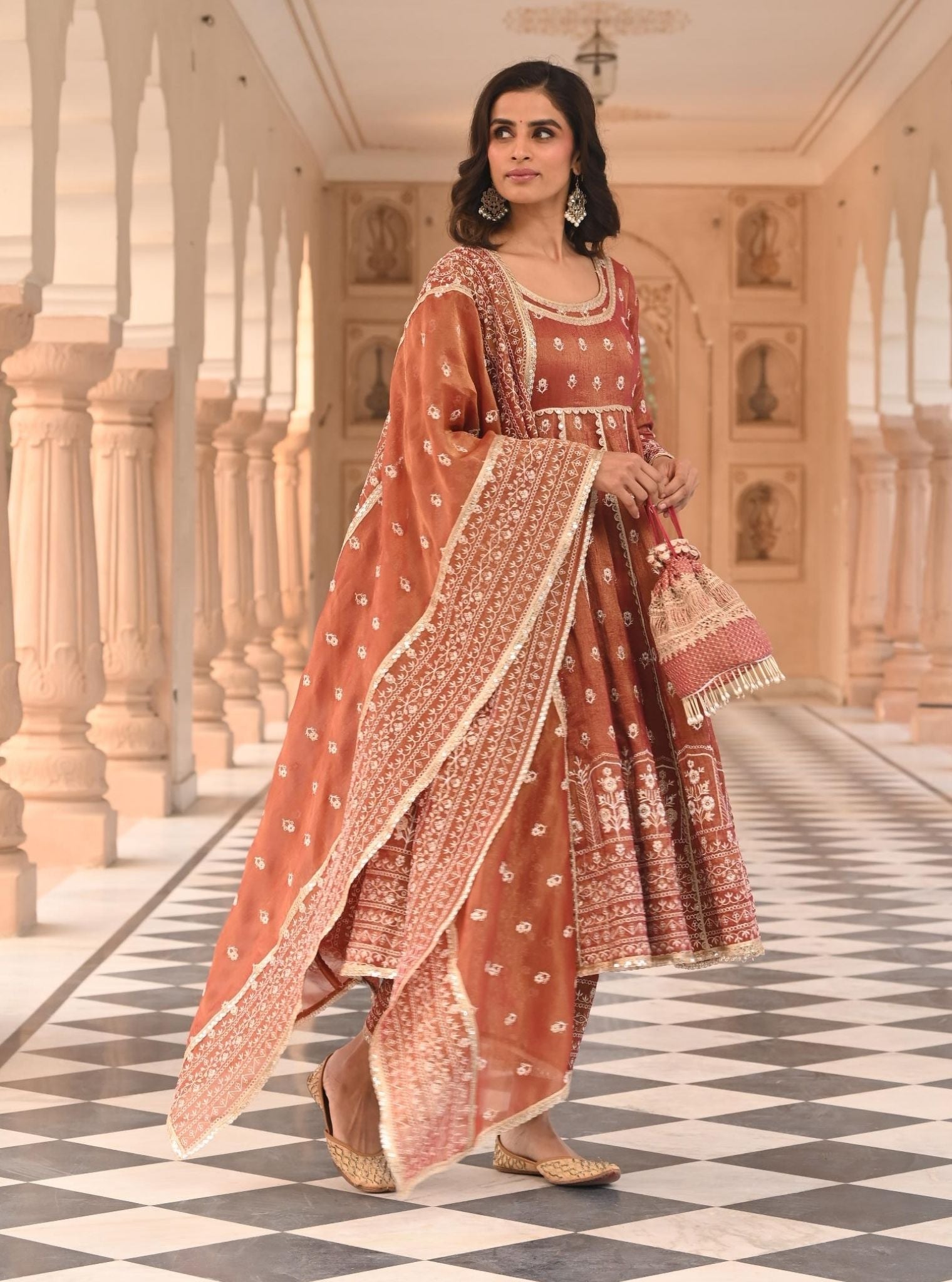 Mastani Luxe Tissue Satin Red Anarkali Kurta Set