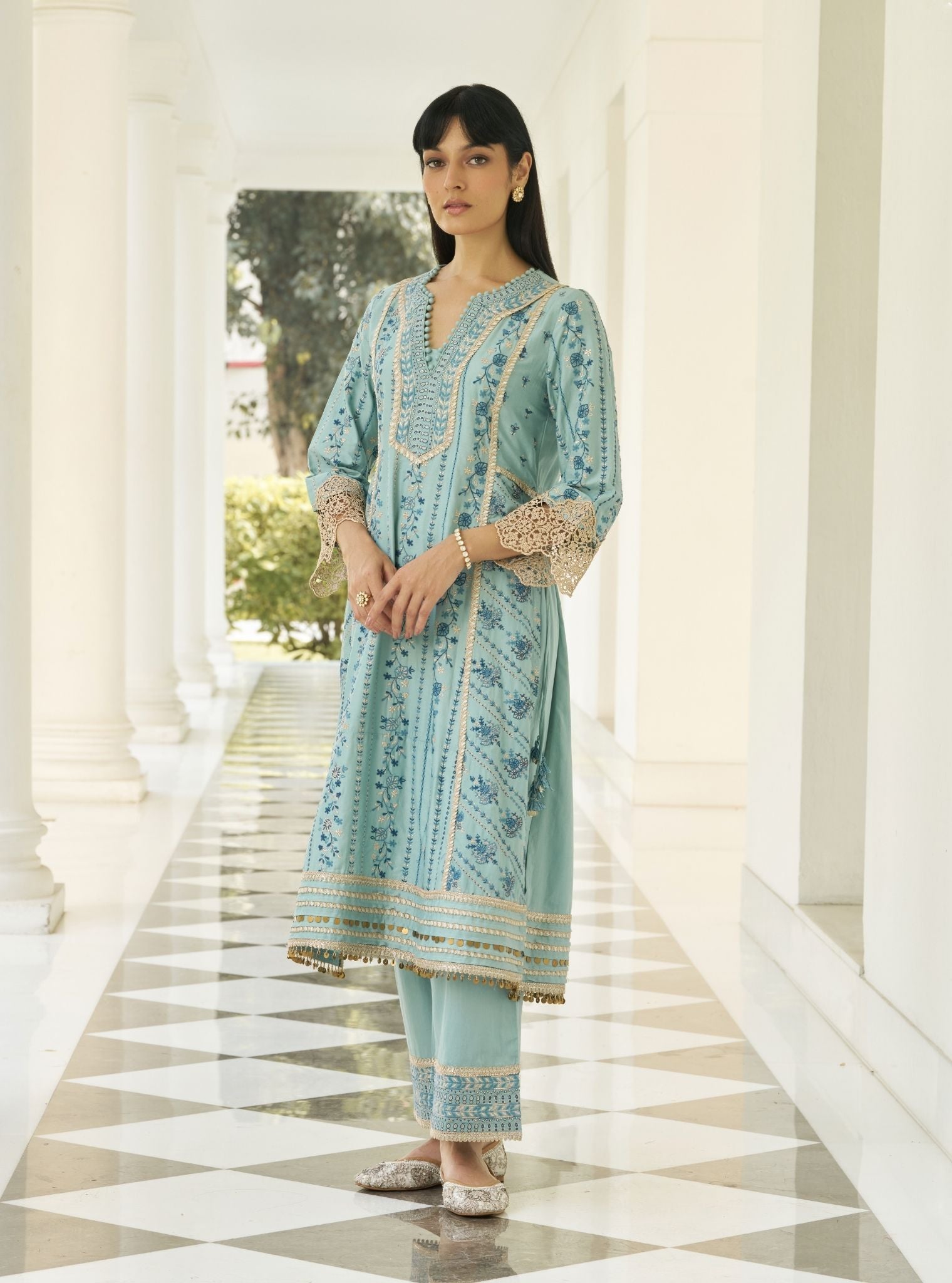 Khayal Pima Satin Blue Kurta Set