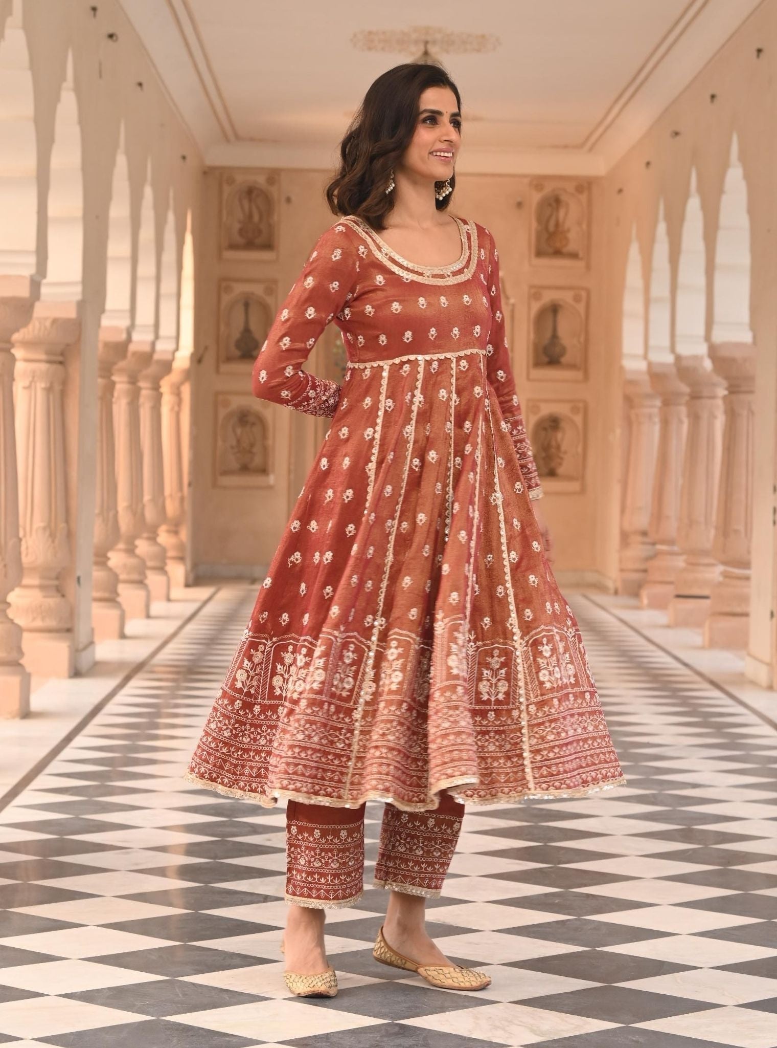 Mastani Luxe Tissue Satin Red Anarkali Kurta Set