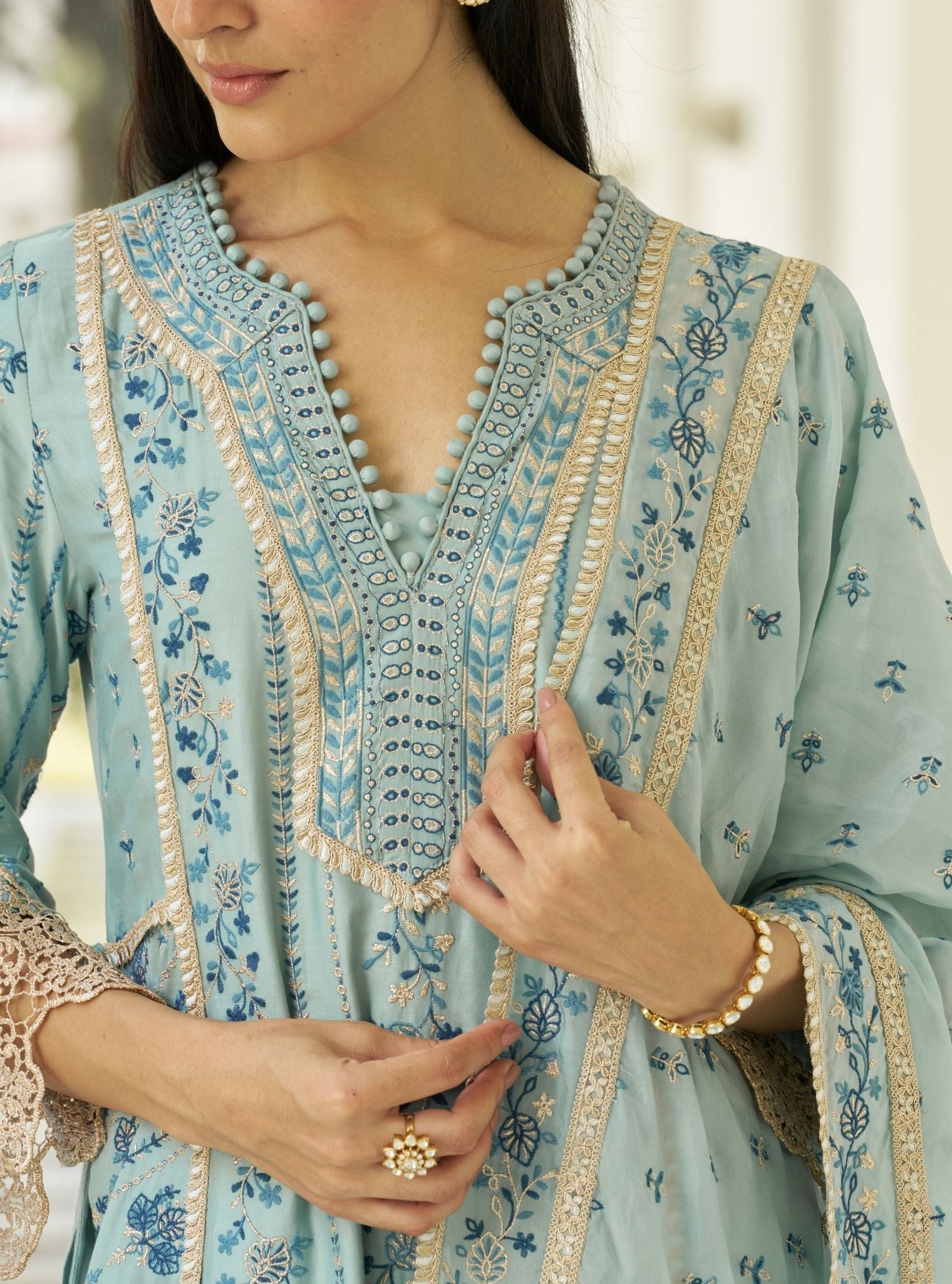 Khayal Pima Satin Blue Kurta Set