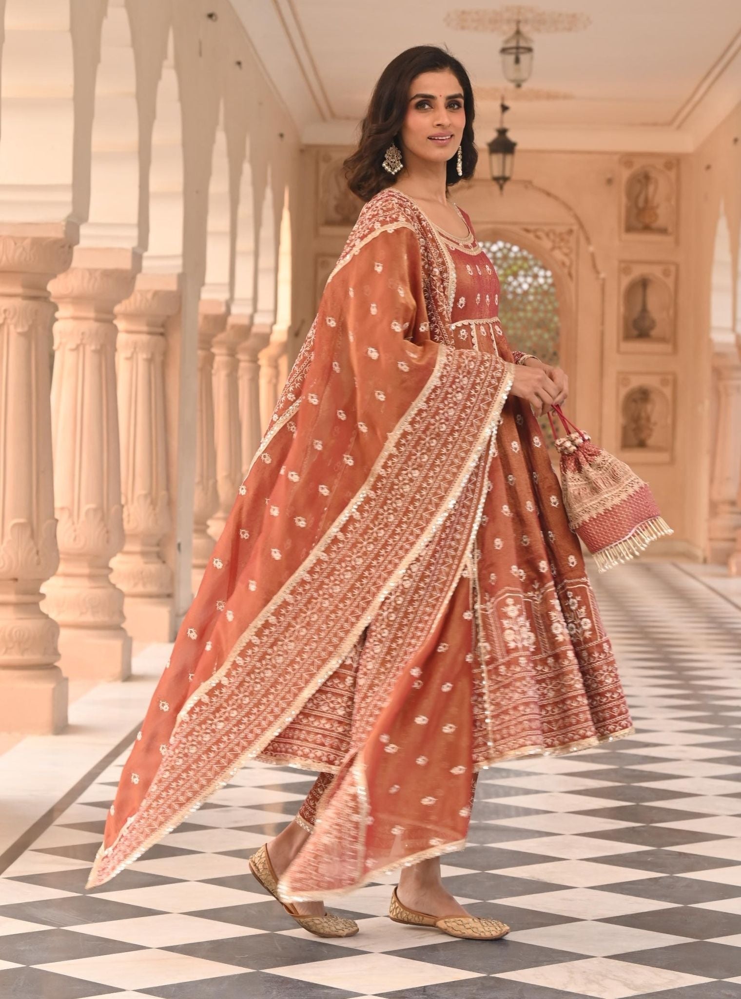 Mastani Luxe Tissue Satin Red Anarkali Kurta Set