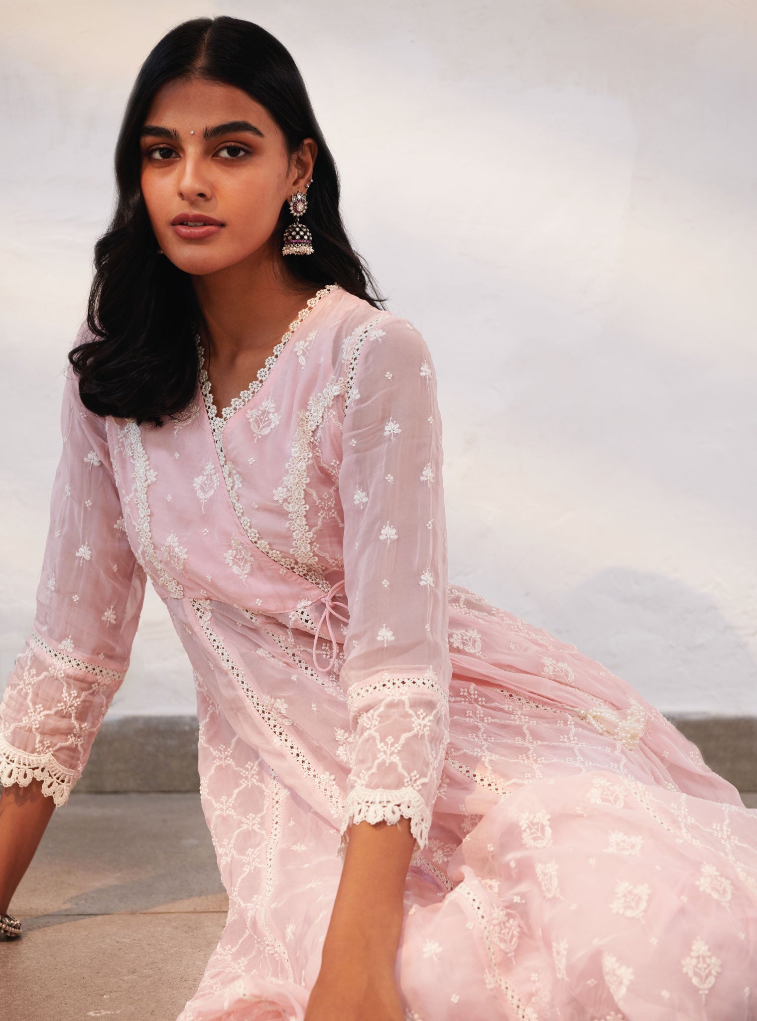 Morey Organza Pink Anarkali Kurta Set