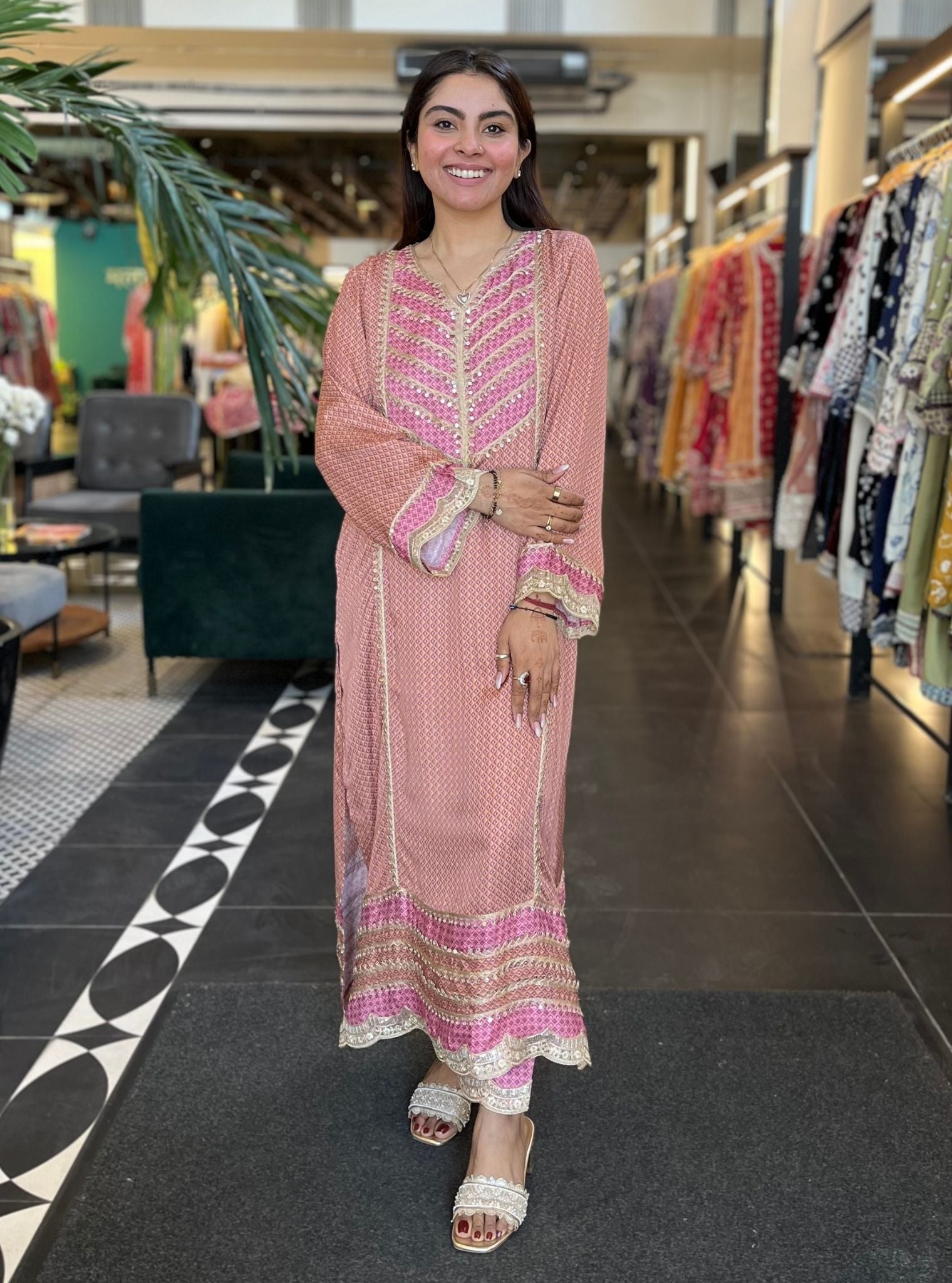 Jordyna Cupro Printed Brown Kurta Set