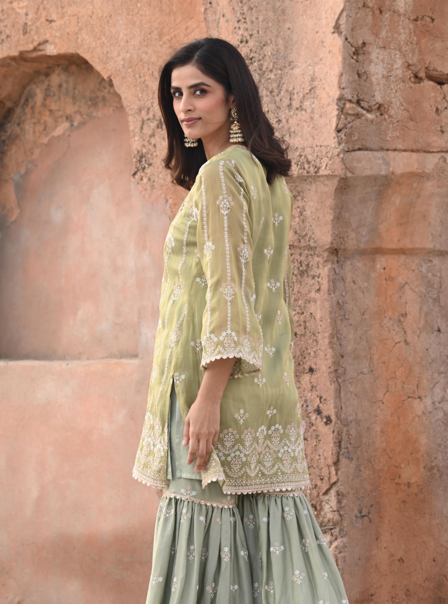 Heer Luxe Tissue Sage Green Kurta with Garara Set