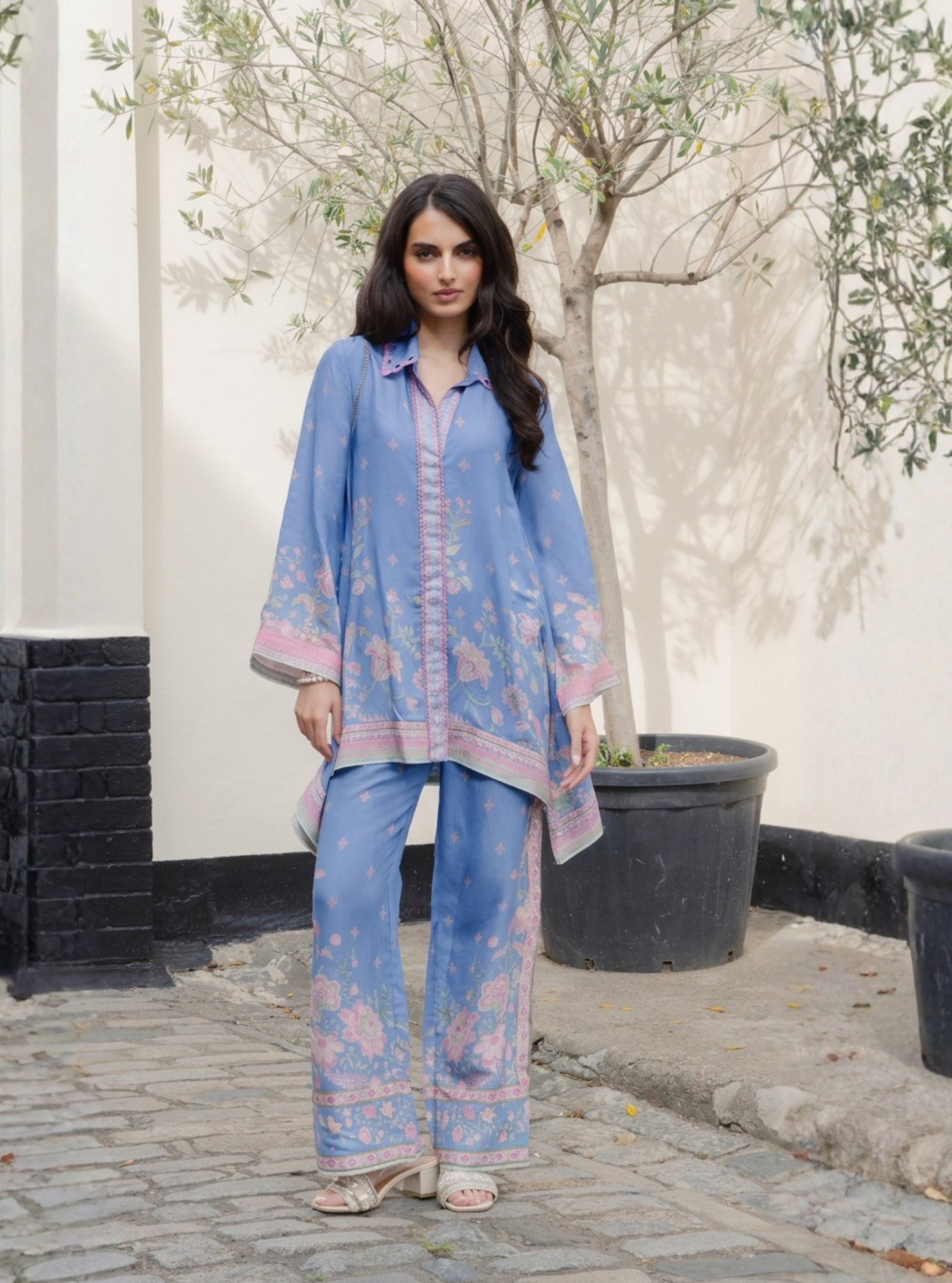 Odelle Lawn Printed Steel Blue Shirt Set