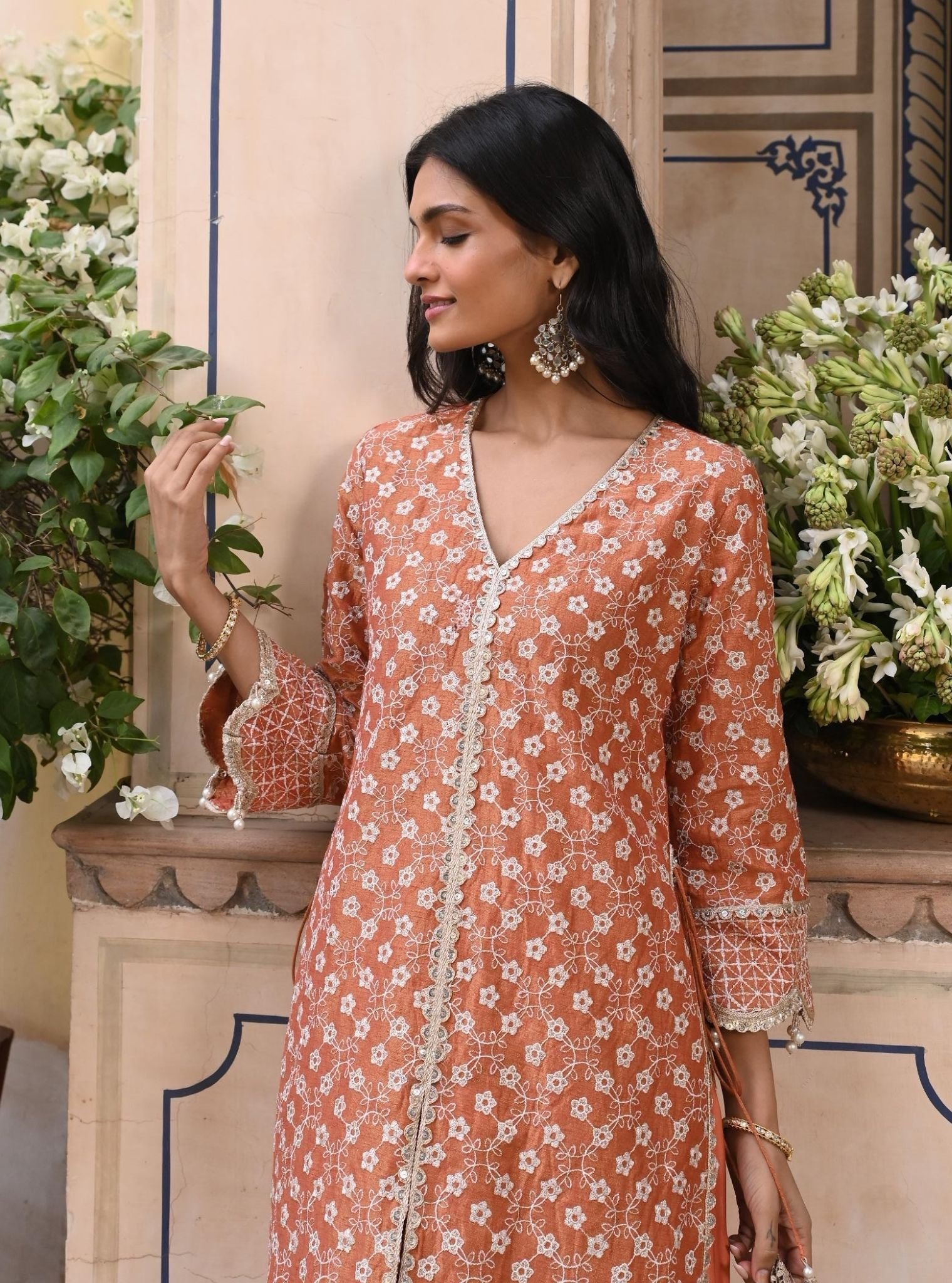 Maaeri Luxe Tissue Satin Burnt Orange Kurta with Skirt Set
