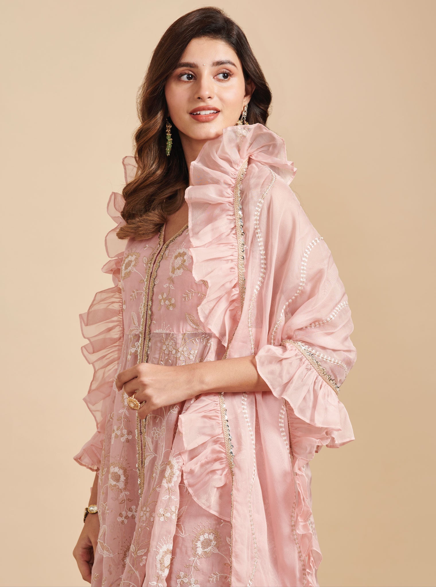 Lashkara Organza Short Anarkali Pink Kurta with Sharara Set