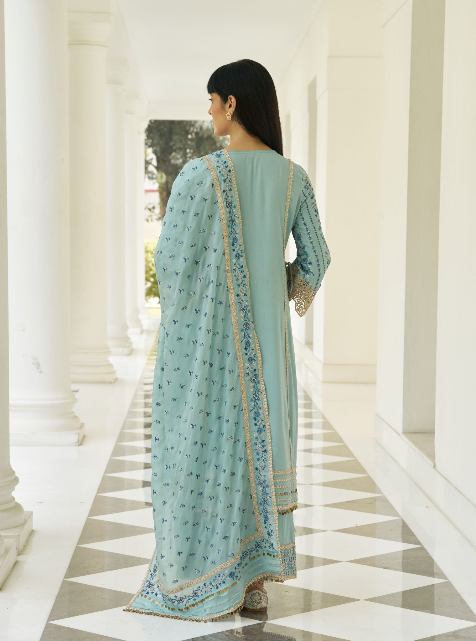 Khayal Pima Satin Blue Kurta Set