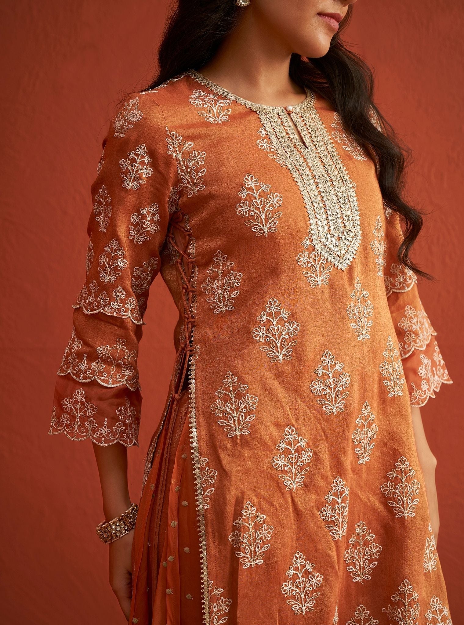 Evelina Tissue Linen Satin Burnt Orange Kurta Set