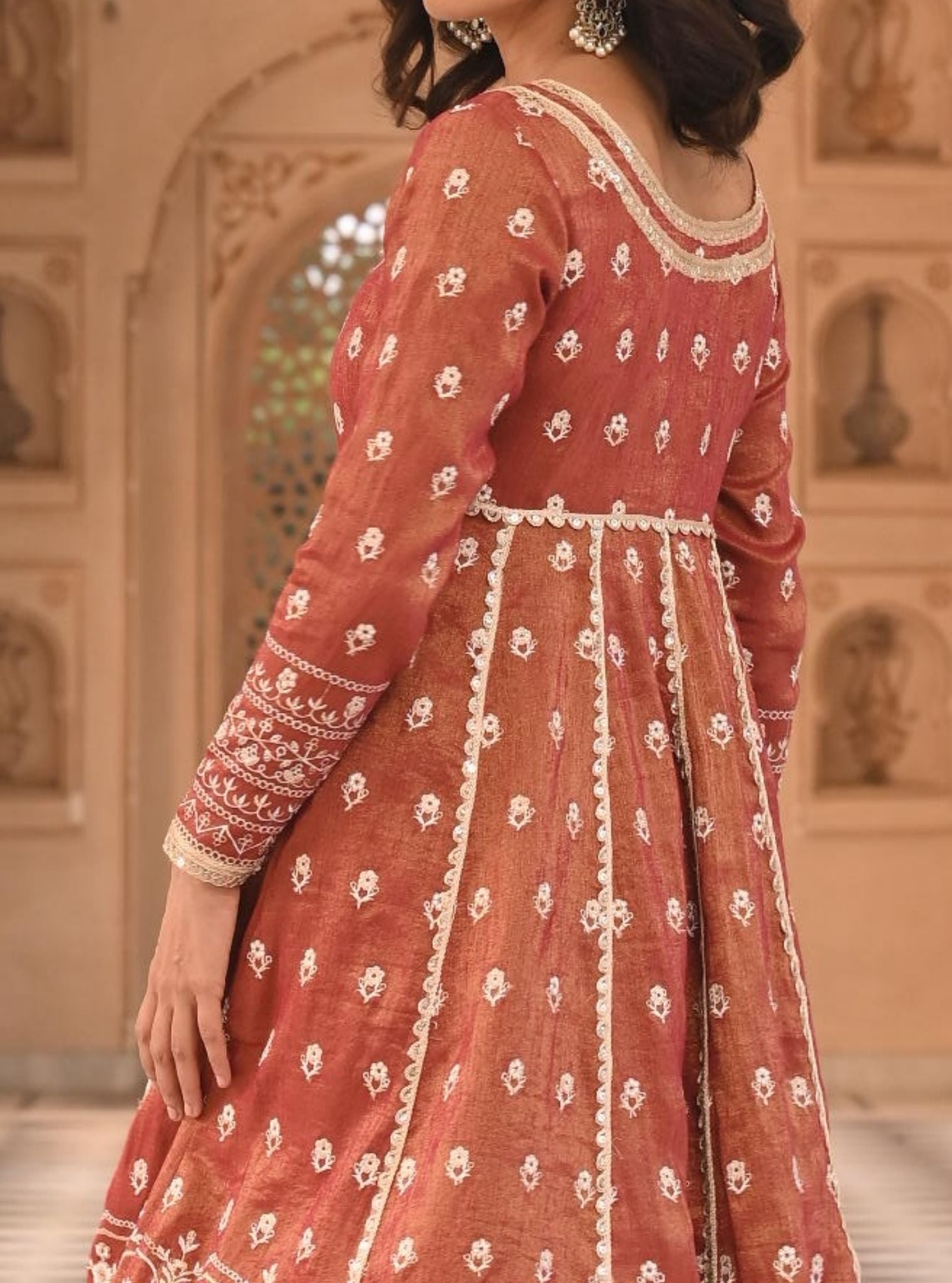 Mastani Luxe Tissue Satin Red Anarkali Kurta Set