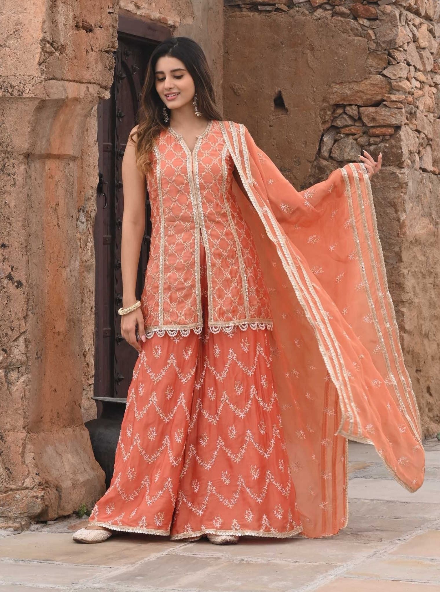Ainah Organza Satin Burnt Orange Kurta with Sharara Set