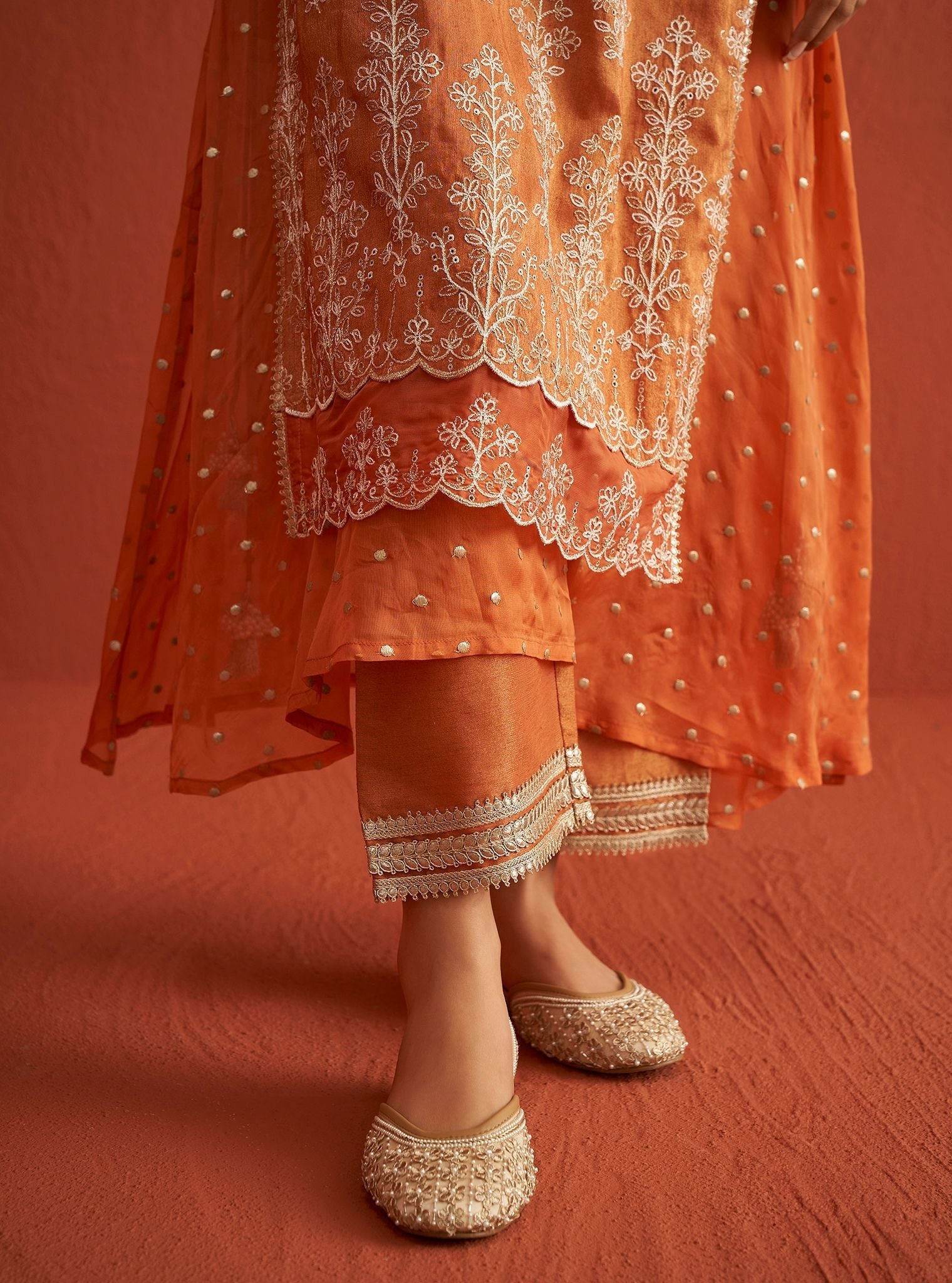 Evelina Tissue Linen Satin Burnt Orange Kurta Set