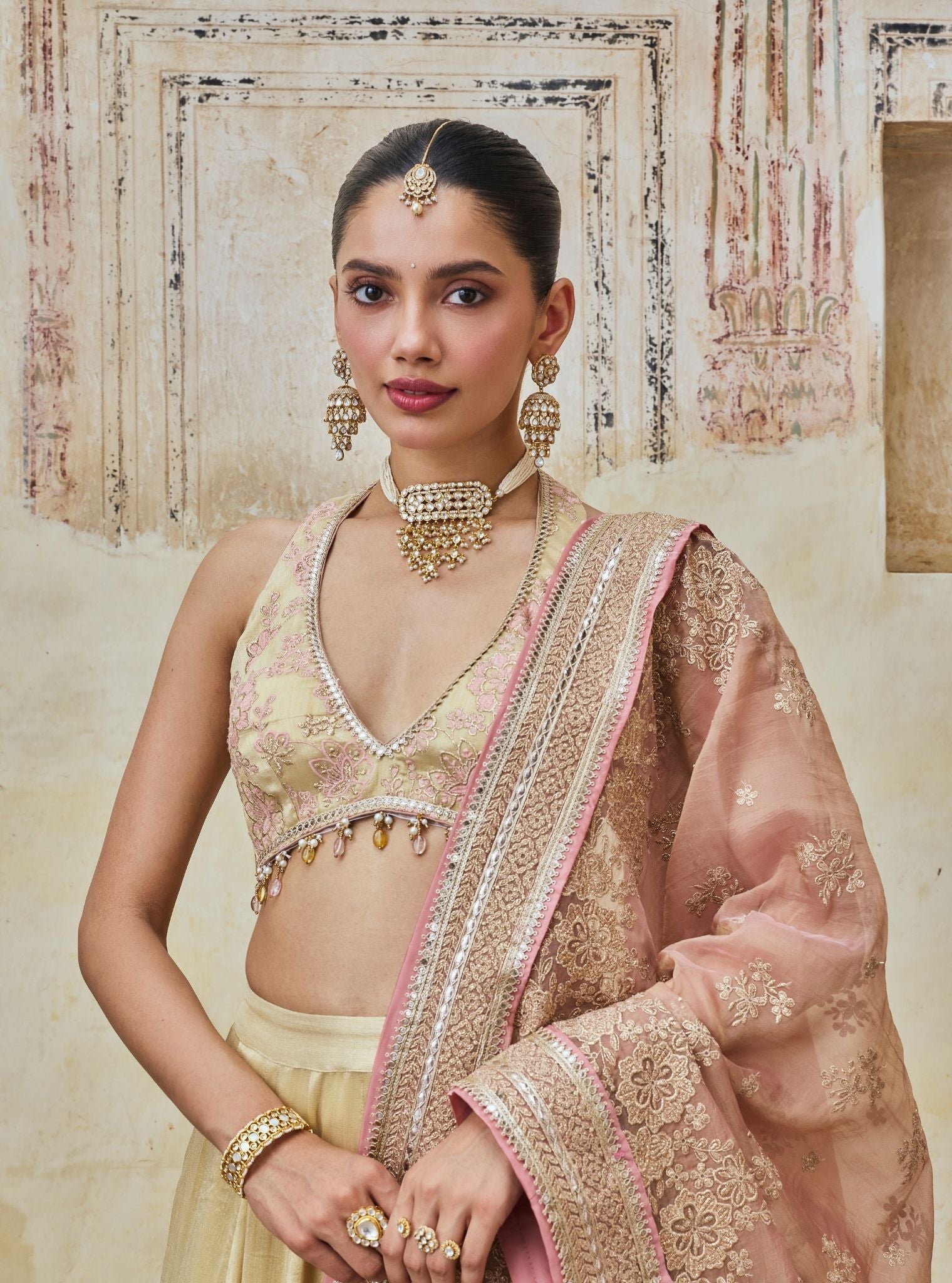Saawri Bemberg Giraffe White Gold Lehenga