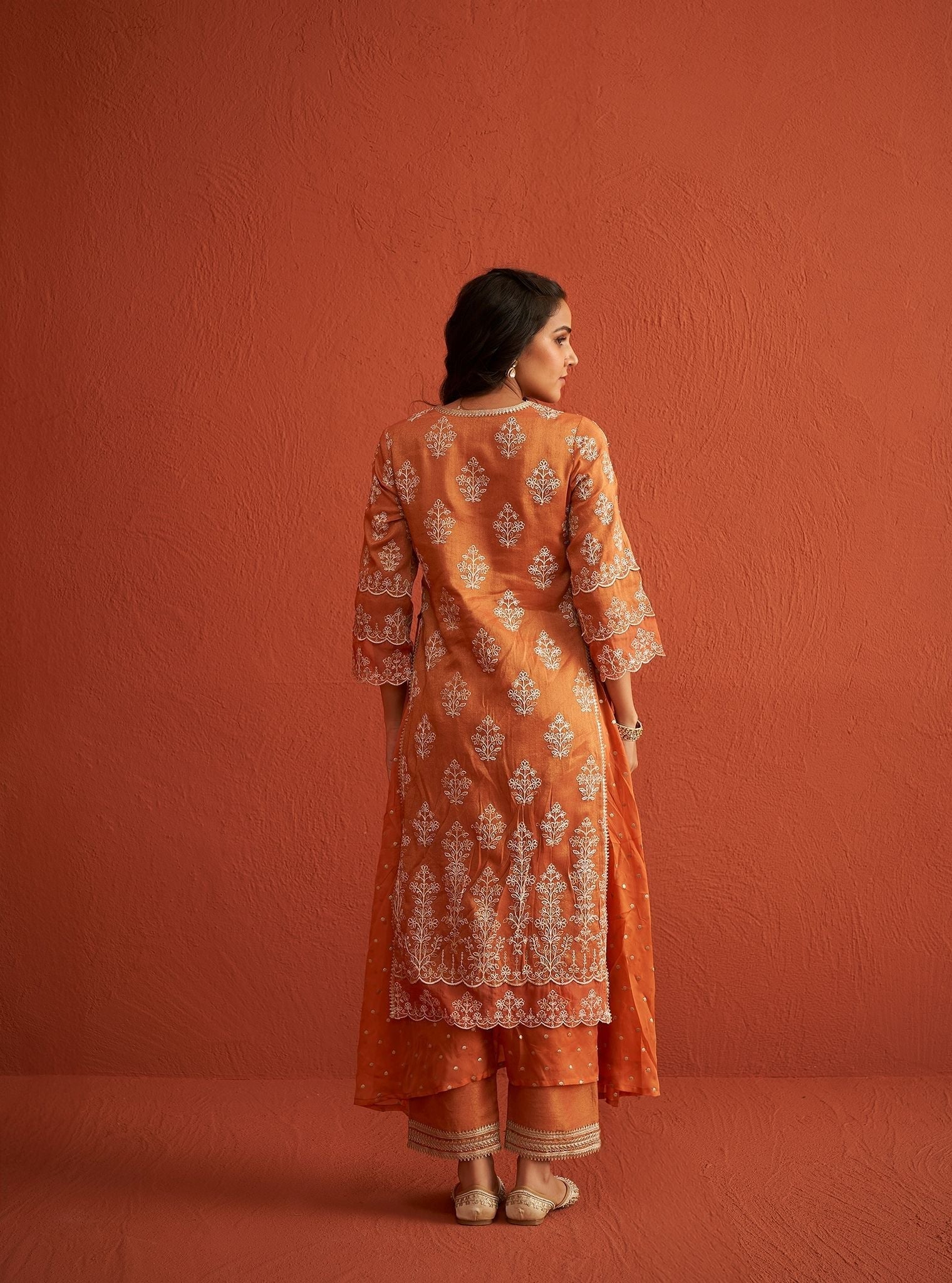 Evelina Tissue Linen Satin Burnt Orange Kurta Set
