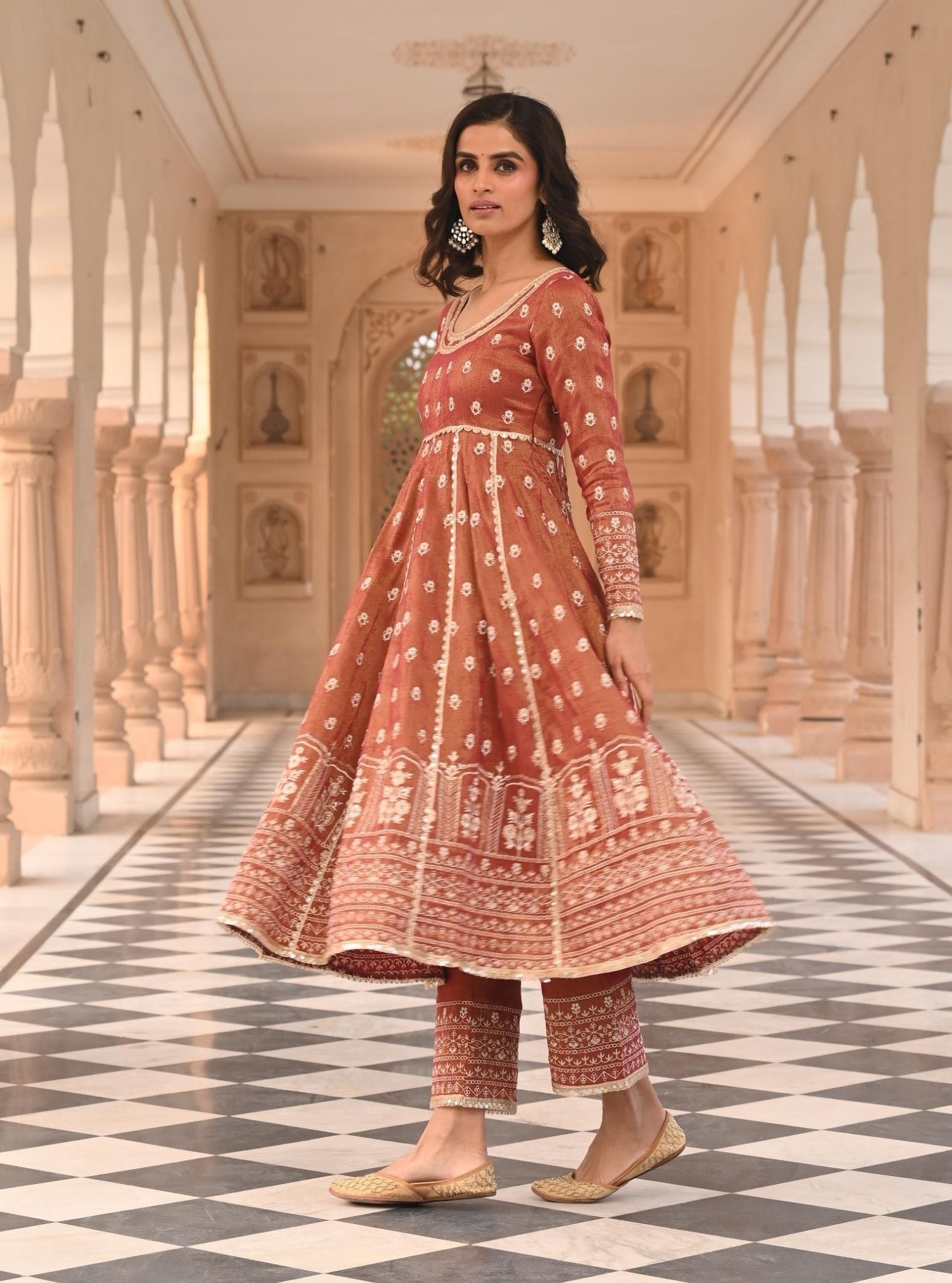 Mastani Luxe Tissue Satin Red Anarkali Kurta Set
