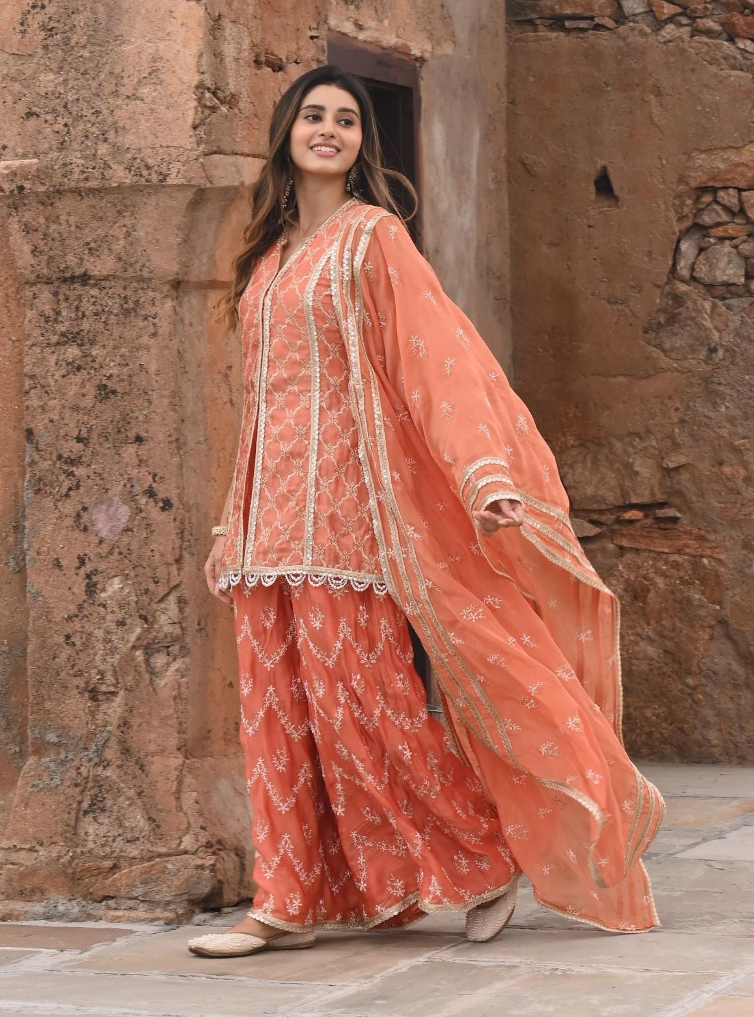 Ainah Organza Satin Burnt Orange Kurta with Sharara Set