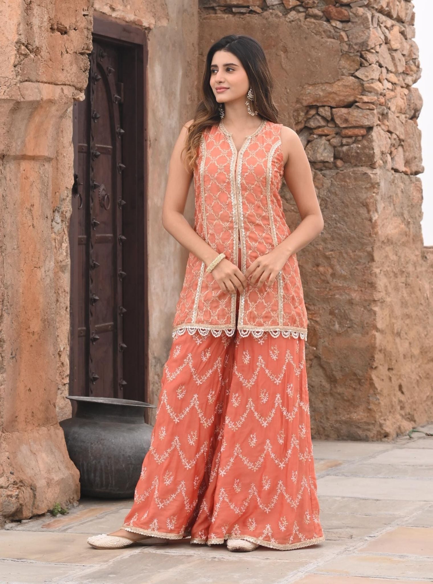 Ainah Organza Satin Burnt Orange Kurta with Sharara Set