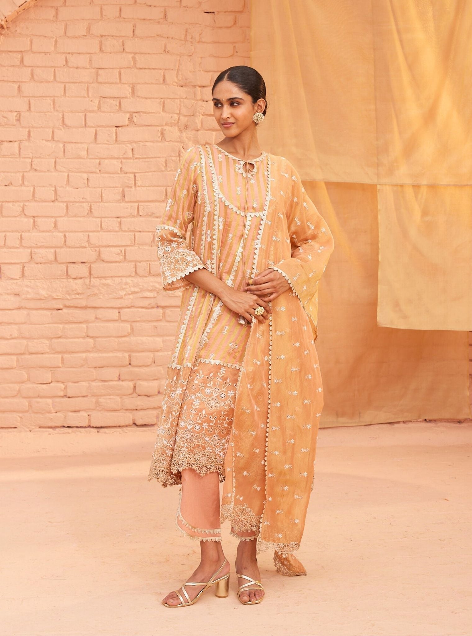 Bridget Banarsi Peach Anarkali Kurta Set