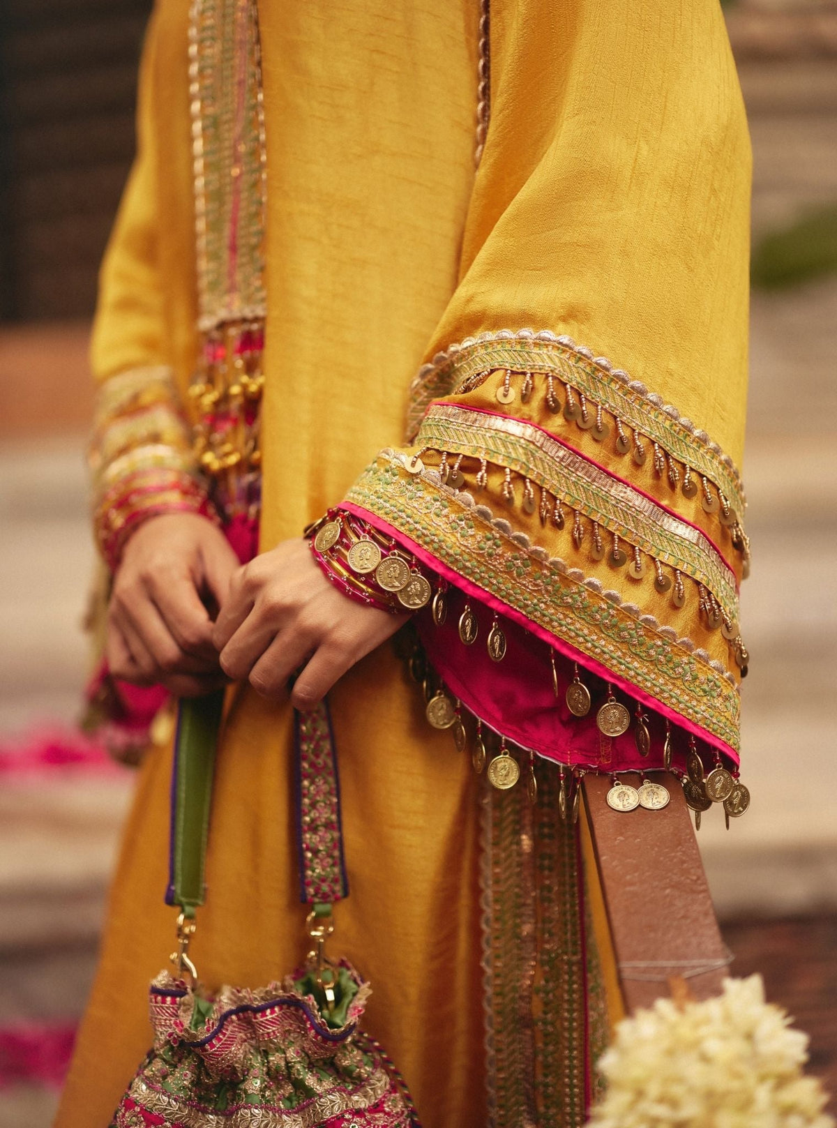 Shaabni Bemberg Raw Silk Mustard Kaftan Set