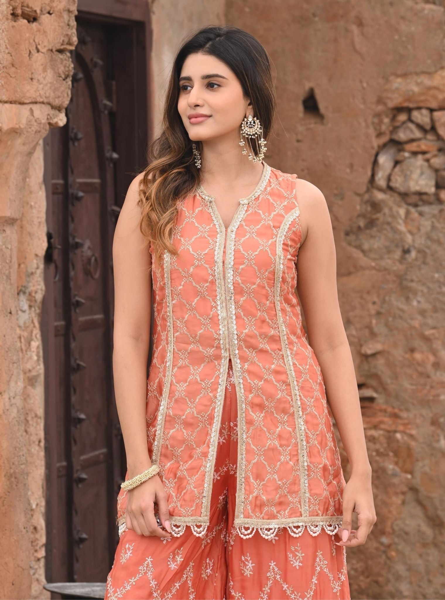 Ainah Organza Satin Burnt Orange Kurta with Sharara Set