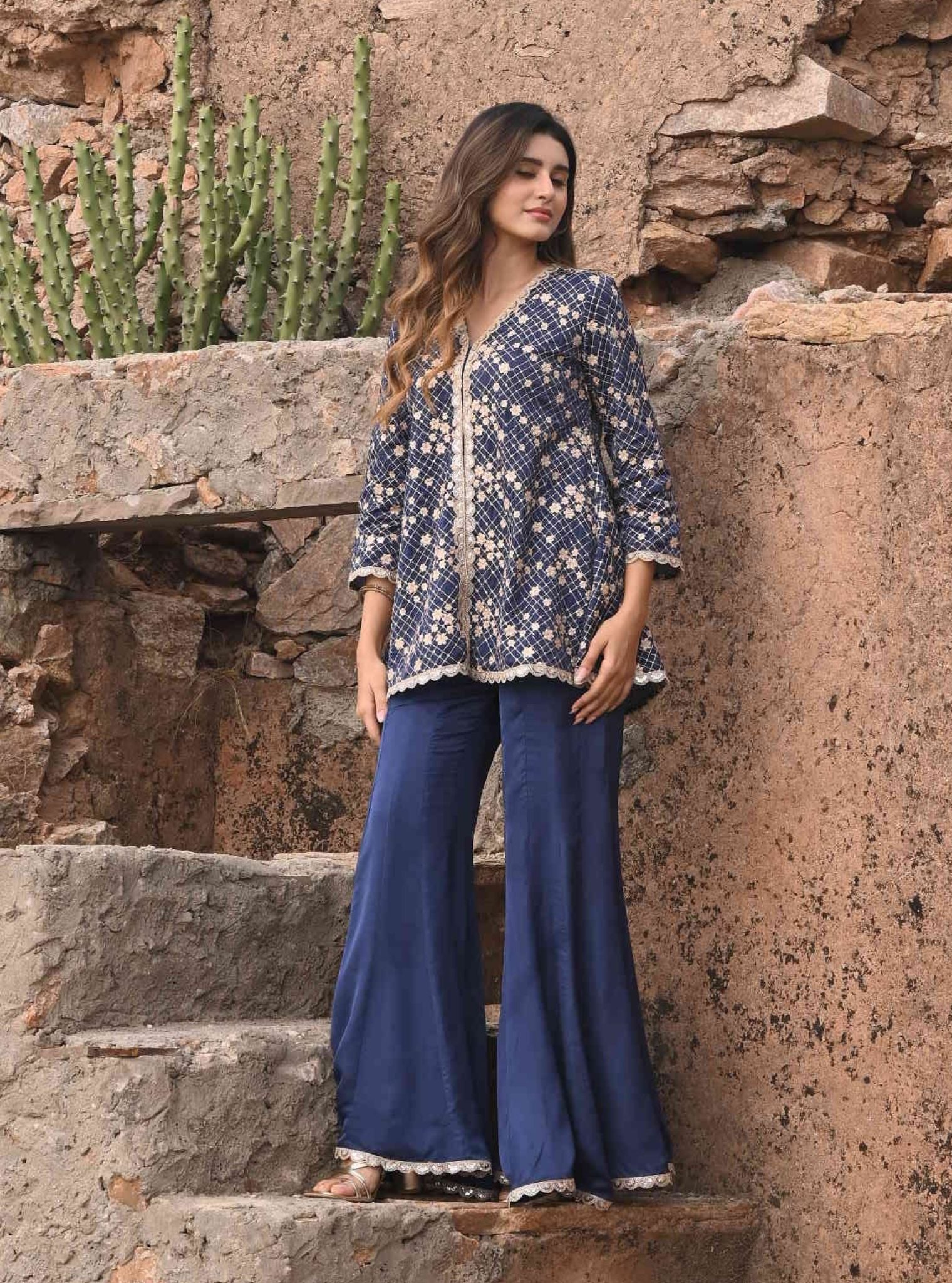 Afreen Organza Satin Navy Top with Sharara Set