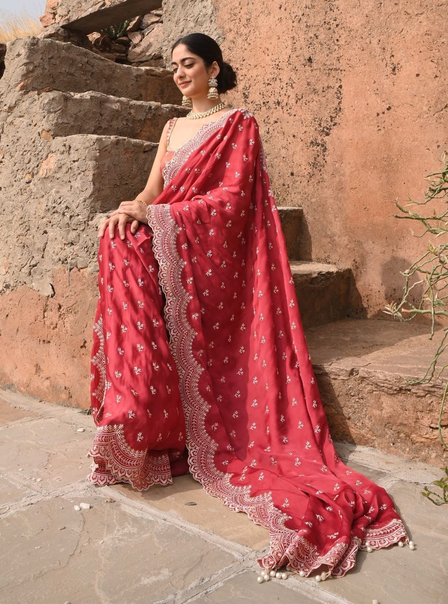 Bindiya Organza Satin Red Saree